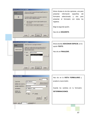67
Ahora Access te da dos opciones, una para
presentar información específica del
formulario seleccionado y otra para
presentar el formulario con todos los
registros.
Elige la segunda opción.
Haz clic en SIGUIENTE.
Ahora escribe ADICIONAR ESPECIE, en la
opción TEXTO.
Haz clic en FINALIZAR.
Haz clic en la VISTA FORMULARIO y
prueba tu nuevo botón.
Guarda los cambios en tu formulario
DETERMINACIONES.
 