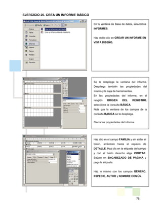 75
En tu ventana de Base de datos, selecciona
INFORMES.
Haz doble clic en CREAR UN INFORME EN
VISTA DISEÑO.
Se te despliega la ventana del informe.
Despliega también las propiedades del
mismo y la caja de herramientas.
En las propiedades del informe, en el
renglón ORIGEN DEL REGISTRO,
selecciona la consulta BÁSICA.
Nota que la ventana de los campos de la
consulta BASICA se te despliega.
Cierra las propiedades del informe.
Haz clic en el campo FAMILIA y sin soltar el
botón, arrástralo hasta el espacio de
DETALLE. Haz clic en la etiqueta del campo
y con el botón derecho elige CORTAR.
Sitúate en ENCABEZADO DE PÁGINA y
pega la etiqueta.
Haz lo mismo con los campos GÉNERO,
ESPECIE, AUTOR y NOMBRE COMÚN.
EJERCICIO 26. CREA UN INFORME BÁSICO
 