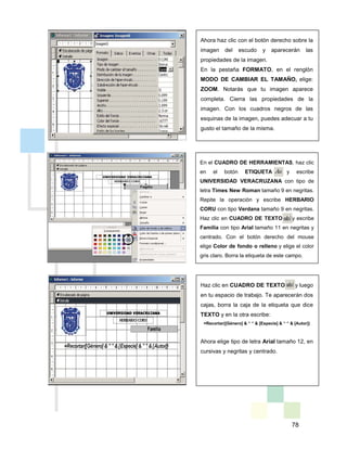 78
Ahora haz clic con el botón derecho sobre la
imagen del escudo y aparecerán las
propiedades de la imagen.
En la pestaña FORMATO, en el renglón
MODO DE CAMBIAR EL TAMAÑO, elige:
ZOOM. Notarás que tu imagen aparece
completa. Cierra las propiedades de la
imagen. Con los cuadros negros de las
esquinas de la imagen, puedes adecuar a tu
gusto el tamaño de la misma.
En el CUADRO DE HERRAMIENTAS, haz clic
en el botón ETIQUETA y escribe
UNIVERSIDAD VERACRUZANA con tipo de
letra Times New Roman tamaño 9 en negritas.
Repite la operación y escribe HERBARIO
CORU con tipo Verdana tamaño 9 en negritas.
Haz clic en CUADRO DE TEXTO y escribe
Familia con tipo Arial tamaño 11 en negritas y
centrado. Con el botón derecho del mouse
elige Color de fondo o relleno y elige el color
gris claro. Borra la etiqueta de este campo.
Haz clic en CUADRO DE TEXTO y luego
en tu espacio de trabajo. Te aparecerán dos
cajas, borra la caja de la etiqueta que dice
TEXTO y en la otra escribe:
=Recortar([Género] & “ “ & [Especie] & “ “ & [Autor])
Ahora elige tipo de letra Arial tamaño 12, en
cursivas y negritas y centrado.
 