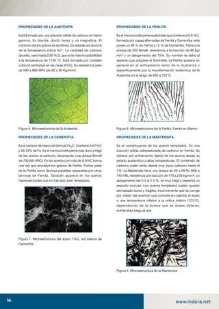16 www.indura.net
PROPIEDADES DE LA AUSTENITA
Está formado por una solución sólida de carbono en hierro
gamma. Es blanda, dúctil, tenaz y no magnética. El
contorno de los granos es rectilíneo. Es estable por encima
de la temperatura crítica Ac1. La cantidad de carbono
disuelto, varía hasta 2.05 % C, que es la máxima solubilidad
a la temperatura de 1130 °C. Está formada por cristales
cúbicos centrados en las caras (FCC). Su resistencia varía
de 590 a 885 MPa (de 60 a 90 Kg/mm2) .
Figura 6. Microestructura de la Austenita
PROPIEDADES DE LA CEMENTITA
Es el carburo de hierro de fórmula Fe3C. Contiene 6.67%C
y 93.33% de Fe. Es el microconstituyente más duro y frágil
de los aceros al carbono, alcanzando una dureza Brinell
de 700 (68 HRC). En los aceros con más de 0.9%C forma
una red que envuelve los granos de Perlita. Forma parte
de la Perlita como láminas paralelas separadas por otras
láminas de Ferrita. También aparece en los aceros
hipoeutectoides que no han sido bien templados.
Figura 7. Microestructura del acero 1%C, red blanca de
Cementita
PROPIEDADES DE LA PERLITA
Es el microconstituyente eutectoide que contiene el 0.8 %C,
formado por capas alternadas de Ferrita y Cementita, esta
posee un 88 % de Ferrita y 12 % de Cementita. Tiene una
dureza de 250 Brinell, resistencia a la tracción de 80 kg/
mm2
y un alargamiento del 15%. Su nombre se debe al
aspecto que adquiere al iluminarla. La Perlita aparece en
general en el enfriamiento lento de la Austenita y
especiﬁcamente por la transformación isotérmica de la
Austenita en el rango de 650 a 723°C.
Figura 8. Microestructura de la Perlita, Ferrita en Blanco
PROPIEDADES DE LA MARTENSITA
Es el constituyente de los aceros templados. Es una
solución sólida sobresaturada de carbono en Ferrita. Se
obtiene por enfriamiento rápido de los aceros desde su
estado austenítico a altas temperaturas. El contenido de
carbono suele variar desde muy poco carbono hasta el
1%. La Martensita tiene una dureza de 50 a 68 Rc (495 a
745 HB), resistencia a la tracción de 170 a 250 kg/mm2, un
alargamiento del 0.5 al 2.5 %, es muy frágil y presenta un
aspecto acicular. Los aceros templados suelen quedar
demasiado duros y frágiles, inconveniente que se corrige
por medio del revenido que consiste en calentar el acero
a una temperatura inferior a la crítica inferior (723°C),
dependiendo de la dureza que se desee obtener,
enfriándolo luego al aire.
Figura 9. Microestructura de la Martensita
manual acero inoxidable.indd 16manual acero inoxidable.indd 16 04-03-10 13:2604-03-10 13:26
 