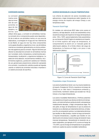 24 www.indura.net
CORROSIÓN MARINA
La corrosión
marina consi-
dera la inmer-
sión de com-
ponentes en
agua de mar,
equipos y tu-
berías que
utilizan dicha agua, y corrosión en atmósferas marinas.
La corrosión de un componente puede variar dependien-
do de si está en una atmósfera marina, en una zona de
salpicadura, o sumergido en el agua de mar. Además de
la sal (NaCl), en agua de mar hay otros componentes
como gases disueltos y organismos vivos. Las atmósferas
marinas se consideran generalmente uno de los ambien-
tes más agresivos para la corrosión. Algunos factores que
afectan la velocidad de corrosión en atmósferas marinas
son: humedad, viento, temperatura, contaminantes aero-
transportados, localización y organismos biológicos. La
selección de la aleación, recubrimientos metálicos, recu-
brimientos orgánicos, y protección catódica son métodos
de uso general para proporcionar protección apropiada
a la corrosión. La protección catódica puede ser lograda
usando un sistema de corrientes inducidas o impresas o
un sistema de ánodo de sacriﬁcio.
ACEROS INOXIDABLES A BAJAS TEMPERATURAS
Los criterios de selección de aceros inoxidables para
aplicaciones a bajas temperaturas están basados en la
energía mínima de impacto del ensayo Charpy a una
temperatura dada.
Transición Dúctil Frágil
En metales con estructuras BCC tales como aceros al
carbono y de baja aleación, se da una característica única
durante los ensayos de impacto en el rango de temperatura
entre -120 a -130ºC, aproximadamente. Esta característica
es una transición Dúctil-Frágil en la resistencia al impacto.
En el límite superior del rango de temperatura, el
comportamiento es dúctil con un marcado grado de
deformación plástica. En el límite inferior del rango de
temperatura, la fractura es frágil y con poca o nula
deformación plástica.
Figura 13. Curva de Transición Dúctil Frágil
Propiedades a bajas Temperaturas
Los aceros Austeníticos tienen una muy buena resistencia
al impacto. Energías de 135 [J] o mayores en el ensayo de
Charpy es un valor típico a temperatura ambiente y,
comúnmente, mantienen valores que exceden los 135 [J]
incluso a muy bajas temperaturas.
Los aceros inoxidables Martensíticos y Ferríticos presentan
una resistencia al impacto que decrece al disminuir la tempe-
ratura, y el modo de fractura cambia de dúctil, a temperaturas
medianamente elevadas, a frágil a temperaturas bajas. Por
otra parte, el rango de temperaturas en que se produce la
transición se ve afectado por tratamientos térmicos, el traba-
jo en frío y la composición química. Los tratamientos térmicos
que resultan en altas durezas, mueven el rango de transición
a mayores temperaturas, y aquellos que resultan en una
disminución en la dureza mueven el rango de transición hacia
menores temperaturas. Generalmente la transición de un
acero martensítico, por ejemplo el 410, ocurre en el rango de
–75 a 95ºC, que es el rango de temperaturas en que general-
mente son usados los aceros inoxidable martensíticos.
Energíaabsorbida
Fractura frágil
(descohesión)
Fractura dúctil
(coalescencia de
microcavidades)
Temperatura de transición
dúctil/frágil
Temperatura
TR
manual acero inoxidable.indd 24manual acero inoxidable.indd 24 04-03-10 13:2604-03-10 13:26
 