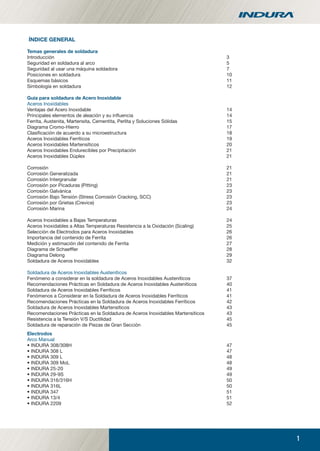 1
ÍNDICE GENERAL
Temas generales de soldadura
Introducción 3
Seguridad en soldadura al arco 5
Seguridad al usar una máquina soldadora 7
Posiciones en soldadura 10
Esquemas básicos 11
Simbología en soldadura 12
Guía para soldadura de Acero Inoxidable
Aceros Inoxidables
Ventajas del Acero Inoxidable 14
Principales elementos de aleación y su inﬂuencia 14
Ferrita, Austenita, Martensita, Cementita, Perlita y Soluciones Sólidas 15
Diagrama Cromo-Hierro 17
Clasiﬁcación de acuerdo a su microestructura 18
Aceros Inoxidables Ferríticos 19
Aceros Inoxidables Martensíticos 20
Aceros Inoxidables Endurecibles por Precipitación 21
Aceros Inoxidables Dúplex 21
Corrosión 21
Corrosión Generalizada 21
Corrosión Intergranular 21
Corrosión por Picaduras (Pitting) 23
Corrosión Galvánica 23
Corrosión Bajo Tensión (Stress Corrosión Cracking, SCC) 23
Corrosión por Grietas (Crevice) 23
Corrosión Marina 24
Aceros Inoxidables a Bajas Temperaturas 24
Aceros Inoxidables a Altas Temperaturas Resistencia a la Oxidación (Scaling) 25
Selección de Electrodos para Aceros Inoxidables 26
Importancia del contenido de Ferrita 26
Medición y estimación del contenido de Ferrita 27
Diagrama de Schaefﬂer 28
Diagrama Delong 29
Soldadura de Aceros Inoxidables 32
Soldadura de Aceros Inoxidables Austeníticos
Fenómeno a considerar en la soldadura de Aceros Inoxidables Austeníticos 37
Recomendaciones Prácticas en Soldadura de Aceros Inoxidables Austeníticos 40
Soldadura de Aceros Inoxidables Ferríticos 41
Fenómenos a Considerar en la Soldadura de Aceros Inoxidables Ferríticos 41
Recomendaciones Prácticas en la Soldadura de Aceros Inoxidables Ferríticos 42
Soldadura de Aceros Inoxidables Martensíticos 43
Recomendaciones Prácticas en la Soldadura de Aceros Inoxidables Martensíticos 43
Resistencia a la Tensión V/S Ductilidad 45
Soldadura de reparación de Piezas de Gran Sección 45
Electrodos
Arco Manual
• INDURA 308/308H 47
• INDURA 308 L 47
• INDURA 309 L 48
• INDURA 309 MoL 48
• INDURA 25-20 49
• INDURA 29-9S 49
• INDURA 316/316H 50
• INDURA 316L 50
• INDURA 347 51
• INDURA 13/4 51
• INDURA 2209 52
manual acero inoxidable.indd 1manual acero inoxidable.indd 1 04-03-10 13:2504-03-10 13:25
 