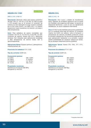 50 www.indura.net
Arco
INDURA 316 / 316H
AWS: E 316 / 316H 16
Descripción: Electrodo rutílico para aceros austenítico
del tipo 19% Cr, 12% Ni y 2.5% Mo. El 316H es igual
a 316 excepto que en el primero el contenido de
carbono ha sido restringido al rango superior aceptado
por el 316: entre 0,04% y el 0,08% de C. Lo anterior
proporciona mayor resistencia a la tracción y al creep a
altas temperaturas.
Usos: Para soldadura de aceros inoxidables que
contienen 16-21% Cr, 10-15% Ni y 0-3% Mo, con alto
contenido de carbono. Aceros tipo 316 y aleaciones
similares. Son utilizados para aplicaciones sometidas
a altas temperaturas de servicio (hasta 750º C
aproximadamente).
Aplicaciones típicas: Equipos químicos y petroquímicos,
industria lechera, etc.
Posiciones de soldadura: P, H, V, SC.
Tipo de corriente: CCEP, CA.
Composición química:
C: 0.05% Mn: 1.20%
Si: 0.80% P: 0.020%
S: 0.020% Cr: 18.7%
Ni: 12.0% Mo: 2.3%
Propiedades mecánicas:
Resistencia a la tracción 600 MPa
Elongación (L=4d) 35%
Arco Manual
INDURA 316 L
AWS: E 316 L-16
Descripción: Arco suave y estable de transferencia
spray. Depósito de excelente apariencia que se ajusta
con facilidad a las exigencias del trabajo. La escoria se
desprende fácilmente y como el arco es rápidamente
restablecido, se usa en soldadura intermitente.
Usos: El 316L ha sido diseñado para aceros austeníticos
con un contenido extra bajo de carbono. El contenido
máximo de 0,04% de carbono, evita la formación y
precipitación de carburos. Excelente protección contra
la corrosión intergranular. Se recomienda especialmente
para aplicaciones resistentes a la corrosión, cuando
existen posibilidades de “picadura” (ataque por ácido).
No es necesario tratamiento térmico posterior.
Aplicaciones típicas: Aceros 316, 316L, 317, 317L,
316Ti y 318.
Posiciones de soldadura: P, H, V, SC.
Tipo de corriente: CCEP, CA.
Composición química:
C: 0.02% Mn: 0.63%
Si: 0.77% P: 0.022%
S: 0.009% Cr: 18.5%
Ni: 11.7% Mo: 2.7%
Propiedades mecánicas:
Resistencia a la tracción 580 Mpa
Elongación (L=4d) 48%
Arco* Fotograﬁas referenciales.
Arco Manual
manual acero inoxidable.indd 50manual acero inoxidable.indd 50 04-03-10 13:2704-03-10 13:27
 