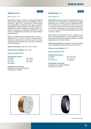 55
Tubular
INDURA 316 LT1
AWS: E316LT1-1/-4
Descripción: Alambre tubular con protección gaseosa
externa, para soldadura de aceros inoxidables. Gas de
protección: 100% CO2
o Indurming 20. Posee escoria
auto desprenderte, transferencia tipo spray, excelente
soldabilidad y elevada resistencia al creep y altas tem-
peraturas. El metal de soldadura contiene óptimo con-
tenido de Ferrita en su estructura austenítica, de esta
forma su soldabilidad es excelente con baja tendencia
al agrietamiento.
Usos: Fue diseñado para soldadura MIG de acero in-
oxidable 18% Cr – 12% Ni – 2% Mo de bajo carbono.
Posee bajo contenido de carbono lo cual le da buena
resistencia para la mayoría de los tipos de corrosión del
metal de soldadura.
Aplicaciones típicas: AISI 316L, 316Ti, 316Cb.
Posiciones de soldadura: P, H, V, SC.
Tipo de corriente: CCEP.
Composición química:
C: 0.03% Mn: 1.85%
Si: 0.75% Cr: 18.7%
Ni: 11.4% Mo: 2.5%
Fe: balance
Propiedades mecánicas:
Resistencia a la tracción 620 Mpa
Elongación (L=4d) 38%
Tubular
INDURA 308 L- O
AWS: E308LTO-3
Tubular
Descripción: Alambre tubular autoprotegido para sol-
dadura de acero inoxidable. La composición del metal
depositado es la misma que la del electrodo E308L-
TO-3 excepto por el contenido de carbono. Su bajo
contenido de carbono le permite obtener resistencia a
la corrosión intergranular por precipitación de carbu-
ros, sin el uso de elementos estabilizadores tales como
columbio y titanio.
Usos: Base de recubrimientos duros y rellenos de po-
lines. Su metal depositado no es tan resistente a eleva-
das temperaturas como el depósito obtenido con E-308
estabilizado con columbio y titanio.
Aplicaciones típicas: Su depósito Cr-Ni permite soldar
acero inoxidables calidades 302, 303, 304, 305, 308.
Posiciones de soldadura: P, H.
Tipo de corriente: CCEP.
Composición química:
C: 0.03% Mn: 0.5-2.5%
Si: 1.0% Cr: 19.5-21%
Ni: 9.0-11.0% Fe: balance
Propiedades mecánicas:
Resistencia a la tracción 520 Mpa
Elongación (L=4d) 35%
* Fotograﬁas referenciales.
manual acero inoxidable.indd 55manual acero inoxidable.indd 55 04-03-10 13:2704-03-10 13:27
 