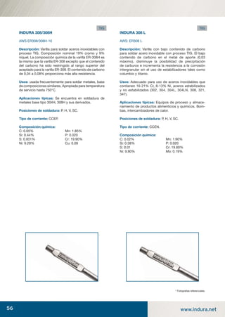 56 www.indura.net
INDURA 308/308H
AWS ER308/308H-16
Descripción: Varilla para soldar aceros inoxidables con
proceso TIG. Composición nominal 19% cromo y 9%
níquel. La composición química de la varilla ER-308H es
la misma que la varilla ER-308 excepto que el contenido
del carbono ha sido restringido al rango superior del
aceptado para la varilla ER-308. El contenido de carbono
de 0,04 a 0,08% proporciona más alta resistencia.
Usos: usada frecuentemente para soldar metales, base
de composiciones similares. Apropiada para temperatura
de servicio hasta 750°C.
Aplicaciones típicas: Se encuentra en soldadura de
metales base tipo 304H, 308H y sus derivados.
Posiciones de soldadura: P, H, V, SC.
Tipo de corriente: CCEP.
Composición química:
C: 0.05% Mn: 1.85%
Si: 0.44% P: 0.020
S: 0.001% Cr: 19.90%
Ni: 9.29% Cu: 0.09
INDURA 308 L
AWS: ER308 L
Descripción: Varilla con bajo contenido de carbono
para soldar acero inoxidable con proceso TIG. El bajo
contenido de carbono en el metal de aporte (0,03
máximo), disminuye la posibilidad de precipitación
de carburos e incrementa la resistencia a la corrosión
intergranular sin el uso de estabilizadores tales como
columbio y titanio.
Usos: Adecuado para uso de aceros inoxidables que
contienen 16-21% Cr, 8-13% Ni, aceros estabilizados
y no estabilizados (302, 304, 304L, 304LN, 308, 321,
347).
Aplicaciones típicas: Equipos de proceso y almace-
namiento de productos alimenticios y químicos. Bom-
bas, intercambiadores de calor.
Posiciones de soldadura: P, H, V, SC.
Tipo de corriente: CCEN.
Composición química:
C: 0.02% Mn: 1.90%
Si: 0.38% P: 0.020
S: 0.01 Cr: 19.80%
Ni: 9.80% Mo: 0.19%
* Fotograﬁas referenciales.
TIG TIG
manual acero inoxidable.indd 56manual acero inoxidable.indd 56 04-03-10 13:2704-03-10 13:27
 