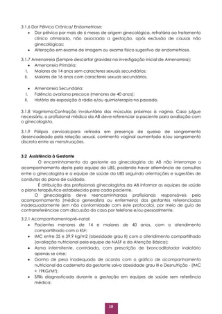 10
3.1.6 Dor Pélvica Crônica/ Endometriose:
 Dor pélvica por mais de 6 meses de origem ginecológica, refratária ao tratamento
clínico otimizado, não associada a gestação, após exclusão de causas não
ginecológicas;
 Alteração em exame de imagem ou exame físico sugestivo de endometriose.
3.1.7 Amenorreia (Sempre descartar gravidez na investigação inicial de Amenorreia):
 Amenorreia Primária:
I. Maiores de 14 anos sem caracteres sexuais secundários;
II. Maiores de 16 anos com caracteres sexuais secundários.
 Amenorreia Secundária:
I. Falência ovariana precoce (menores de 40 anos);
II. História de exposição à rádio e/ou quimioterapia no passado.
3.1.8 Vaginismo:Contração involuntária dos músculos próximos à vagina. Caso julgue
necessário, o profissional médico da AB deve referenciar a paciente para avaliação com
o ginecologista.
3.1.9 Pólipos cervicais:para retirada em presença de queixa de sangramento
desencadeado pela relação sexual, corrimento vaginal aumentado e/ou sangramento
discreto entre as menstruações.
3.2 Assistência à Gestante
O encaminhamento da gestante ao ginecologista da AB não interrompe o
acompanhamento desta pela equipe da UBS, podendo haver alternância de consultas
entre o ginecologista e a equipe de saúde da UBS seguindo orientações e sugestões de
condutas do plano de cuidado.
É atribuição dos profissionais ginecologistas da AB informar as equipes de saúde
o plano terapêutico estabelecido para cada paciente.
O ginecologista deve reencaminharaos profissionais responsáveis pelo
acompanhamento (médico generalista ou enfermeiro) das gestantes referenciadas
inadequadamente (em não conformidade com este protocolo), por meio de guia de
contrarreferênciae com discussão do caso por telefone e/ou pessoalmente.
3.2.1 Acompanhamentopré–natal:
 Pacientes menores de 14 e maiores de 40 anos, com o atendimento
compartilhado com a ESF;
 IMC entre 35 e 39,9 kg/m2 (obesidade grau II) com o atendimento compartilhado
(avaliação nutricional pela equipe de NASF e da Atenção Básica);
 Asma intermitente, controlada, com prescrição de broncodilatador inalatório
apenas se crise;
 Ganho de peso inadequado de acordo com o gráfico de acompanhamento
nutricional da caderneta da gestante salvo obesidade grau III e Desnutrição - (IMC
< 19KG/M²);
 Sífilis diagnosticada durante a gestação em equipes de saúde sem referência
médica;
 