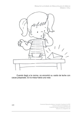 Manual de actividades de Educación para la Infancia
Módulo I- Dios
Comisión Educación Infancia, Juventud y Familia de la FEE
comision.educacion.fee@gmail.com
Comisión Europa de Educación CEE-CEI
educacao.eu.cei@gmail.com
123
Cuando llegó a la cocina, no encontró su vasito de leche con
cacao preparado. En la mesa había una nota:
 