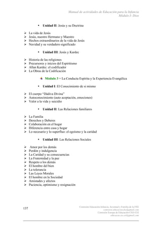 Manual de actividades de Educación para la Infancia
Módulo I- Dios
Comisión Educación Infancia, Juventud y Familia de la FEE
comision.educacion.fee@gmail.com
Comisión Europa de Educación CEE-CEI
educacao.eu.cei@gmail.com
137
• Unidad II: Jesús y su Doctrina
# La vida de Jesús
# Jesús, nuestro Hermano y Maestro
# Hechos extraordinarios de la vida de Jesús
# Navidad y su verdadero significado
• Unidad III: Jesús y Kardec
# Historia de las religiones
# Precursores y inicios del Espiritismo
# Allan Kardec: el codificador
# La Obras de la Codificación
Módulo 3 = La Conducta Espírita y la Experiencia Evangélica
• Unidad I: El Conocimiento de si mismo
# El cuerpo “Dádiva Divina”
# Autoconocimiento (auto aceptación, emociones)
# Valor a la vida y suicidio
• Unidad II: Las Relaciones familiares
# La Familia
# Derechos y Deberes
# Colaboración en el hogar
# Diferencia entre casa y hogar
# Lo necesario y lo superfluo: el egoísmo y la caridad
• Unidad III: Las Relaciones Sociales
# Amor por los demás
# Perdón y indulgencia
# La Caridad y su consecuencias
# La Fraternidad y la paz
# Respeto a los demás
# El hombre del bien
# La tolerancia
# Las Leyes Morales
# El hombre en la Sociedad
# Amistades y afectos
# Paciencia, optimismo y resignación
 