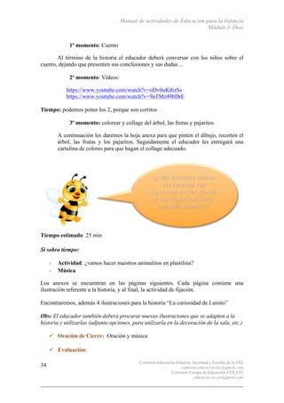 Manual de actividades de Educación para la Infancia
Módulo I- Dios
Comisión Educación Infancia, Juventud y Familia de la FEE
comision.educacion.fee@gmail.com
Comisión Europa de Educación CEE-CEI
educacao.eu.cei@gmail.com
34
1º momento: Cuento
Al término de la historia el educador deberá conversar con los niños sobre el
cuento, dejando que presenten sus conclusiones y sus dudas…
2º momento: Vídeos:
https://www.youtube.com/watch?v=oDv0uKtbzSs
https://www.youtube.com/watch?v=9aTMz49bDrE
Tiempo: podemos poner los 2, porque son cortitos
3º momento: colorear y collage del árbol, las frutas y pajaritos
A continuación les daremos la hoja anexa para que pinten el dibujo, recorten el
árbol, las frutas y los pajaritos. Seguidamente el educador les entregará una
cartulina de colores para que hagan el collage adecuado.
Tiempo estimado: 25 min
Si sobra tiempo:
-­‐ Actividad: ¿vamos hacer nuestros animalitos en plastilina?
-­‐ Música
Los anexos se encuentran en las páginas siguientes. Cada página contiene una
ilustración referente a la historia, y al final, la actividad de fijación.
Encontraremos, además 4 ilustraciones para la historia “La curiosidad de Luisito”
Obs: El educador también deberá procurar nuevas ilustraciones que se adapten a la
historia y utilizarlas (adjunto opciones, para utilizarla en la decoración de la sala, etc.)
" Oración de Cierre: Oración y música
" Evaluación:
 