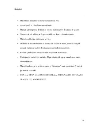 16 
Statistici: 
Majoritatea microbilor si bacteriilor cauzeaza boli. Avem intre 2 si 10 milioane pe antebrate. Mainele ude imprestie de 1000 de ori mai multi microbi decat manile uscate. Numarul de microbi de pe degete se dubleaza dupa ce folosim toaleta. Microbii pot trai pe maini pana la 3 ore. Milioane de microbi/bacterii se ascund sub ceasuri de mana, bratarii, si se pot ascunde mai mule bacterii decat oameni sunt in Europa sub inel. Cele mai periculoase bacterii sa afla in scutecele bebelusilor. Unii virusi si bacterii pot trai intre 20 de minute si 2 ore pe suprafete ca mese, clante si birouri. Microbii calatoresc in jur de un metru si “fac casute” unde ajung si pot fi luati de pe mainile celorlalti. CEA MAI BUNA CALE DE REDUCEREA A IMBOLNAVIRII ESTE SA NE SPALAM PE MAINI DES!!!!  