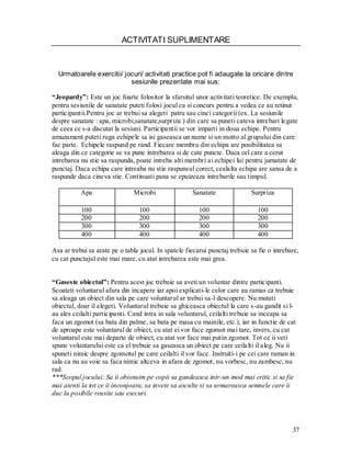 37 
ACTIVITATI SUPLIMENTARE 
Urmatoarele exercitii/ jocuri/ activitati practice pot fi adaugate la oricare dintre sesiunile prezentate mai sus: 
“Jeopardy”: Este un joc foarte folositor la sfarsitul unor activitati teoretice. De exemplu, pentru sesiunile de sanatate puteti folosi jocul ca si concurs pentru a vedea ce au retinut participantii.Pentru joc ar trebui sa alegeti patru sau cinci categorii (ex. La sesiunile despre sanatate : apa, microbi,sanatate,surpriza ) din care sa puneti cateva intrebari legate de ceea ce s-a discutat la sesiuni. Participantii se vor imparti in doua echipe. Pentru amuzament puteti ruga echipele sa isi gaseasca un nume si un motto al grupului din care fac parte. Echipele raspund pe rand. Fiecare membru din echipa are posibilitatea sa aleaga din ce categorie se va pune intrebarea si de cate puncte. Daca cel care a cerut intrebarea nu stie sa raspunda, poate intreba alti membri ai echipei lui pentru jumatate de punctaj. Daca echipa care intreaba nu stie raspunsul corect, cealalta echipa are sansa de a raspunde daca cineva stie. Continuati pana se epuizeaza intrebarile sau timpul. 
Apa 
Microbi 
Sanatate 
Surpriza 
100 
100 
100 
100 
200 
200 
200 
200 
300 
300 
300 
300 
400 
400 
400 
400 
Asa ar trebui sa arate pe o tabla jocul. In spatele fiecarui punctaj trebuie sa fie o intrebare, cu cat punctajul este mai mare, cu atat intrebarea este mai grea. 
“Gaseste obiectul”: Pentru acest joc trebuie sa aveti un voluntar dintre participanti. Scoateti voluntarul afara din incapere iar apoi explicati-le celor care au ramas ca trebuie sa aleaga un obiect din sala pe care voluntarul ar trebui sa-l descopere. Nu mutati obiectul, doar il alegeti. Voluntarul trebuie sa ghiceasca obiectul la care s-au gandit si l- au ales ceilalti participanti. Cand intra in sala voluntarul, ceilalti trebuie sa inceapa sa faca un zgomot (sa bata din palme, sa bata pe masa cu mainile, etc.), iar in functie de cat de aproape este voluntarul de obiect, cu atat ei vor face zgomot mai tare, invers, cu cat voluntarul este mai departe de obiect, cu atat vor face mai putin zgomot. Tot ce ii veti spune voluntarului este ca el trebuie sa gaseasca un obiect pe care ceilalti il aleg. Nu ii spuneti nimic despre zgomotul pe care ceilalti il vor face. Instruiti-i pe cei care raman in sala ca nu au voie sa faca nimic altceva in afara de zgomot, nu vorbesc, nu zambesc, nu rad. 
***Scopul jocului: Sa ii obisnuim pe copii sa gandeasca intr-un mod mai critic si sa fie mai atenti la tot ce ii inconjoara, sa invete sa asculte si sa urmareasca semnele care ii duc la posibile reusite sau esecuri. 
 