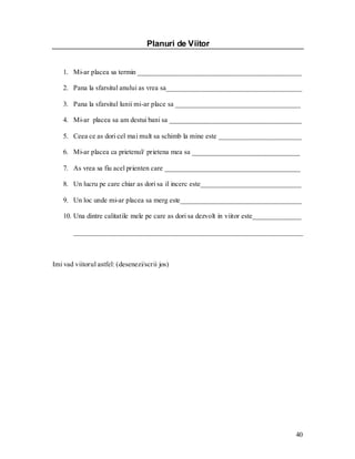 40 
Planuri de Viitor 
1. Mi-ar placea sa termin _______________________________________________ 
2. Pana la sfarsitul anului as vrea sa_______________________________________ 
3. Pana la sfarsitul lunii mi-ar place sa ____________________________________ 
4. Mi-ar placea sa am destui bani sa ______________________________________ 
5. Ceea ce as dori cel mai mult sa schimb la mine este ________________________ 
6. Mi-ar placea ca prietenul/ prietena mea sa _______________________________ 
7. As vrea sa fiu acel prienten care _______________________________________ 
8. Un lucru pe care chiar as dori sa il incerc este_____________________________ 
9. Un loc unde mi-ar placea sa merg este___________________________________ 
10. Una dintre calitatile mele pe care as dori sa dezvolt in viitor este______________ __________________________________________________________________ 
Imi vad viitorul astfel: (desenezi/scrii jos) 
 