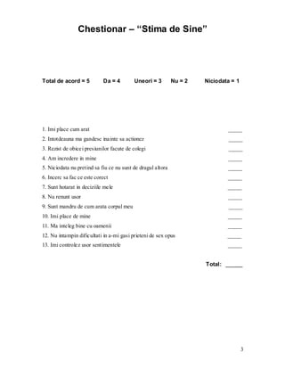 3 
Chestionar – “Stima de Sine” 
Total de acord = 5 Da = 4 Uneori = 3 Nu = 2 Niciodata = 1 
1. Imi place cum arat _____ 
2. Intotdeauna ma gandesc inainte sa actionez _____ 
3. Rezist de obicei presiunilor facute de colegi _____ 
4. Am incredere in mine _____ 
5. Niciodata nu pretind sa fiu ce nu sunt de dragul altora _____ 
6. Incerc sa fac ce este corect _____ 
7. Sunt hotarat in deciziile mele _____ 
8. Nu renunt usor _____ 
9. Sunt mandru de cum arata corpul meu _____ 
10. Imi place de mine _____ 
11. Ma inteleg bine cu oamenii _____ 
12. Nu intampin dificultati in a-mi gasi prieteni de sex opus _____ 
13. Imi controlez usor sentimentele _____ 
Total: ______  