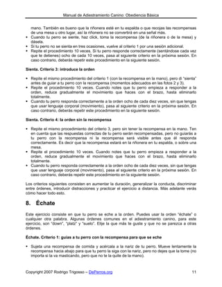 Manual de Adiestramiento Canino: Obediencia Básica


  mano. También es bueno que la riñonera esté en tu espalda o que recojas las recompensas
  de una mesa u otro lugar, así la riñonera no se convertirá en una señal más.
  Cuando tu perro se siente, haz click, toma la recompensa (de la riñonera o de la mesa) y
  dásela.
  Si tu perro no se sienta en tres ocasiones, vuelve al criterio 1 por una sesión adicional.
  Repite el procedimiento 10 veces. Si tu perro responde correctamente (sentándose cada vez
  que te detienes) ocho de cada 10 veces, pasa al siguiente criterio en la próxima sesión. En
  caso contrario, deberás repetir este procedimiento en la siguiente sesión.

Sienta. Criterio 3: introduce la orden

  Repite el mismo procedimiento del criterio 1 (con la recompensa en la mano), pero di “sienta”
  antes de guiar a tu perro con la recompensa (momentos adecuados en las fotos 2 y 3).
  Repite el procedimiento 10 veces. Cuando notes que tu perro empieza a responder a la
  orden, reduce gradualmente el movimiento que haces con el brazo, hasta eliminarlo
  totalmente.
  Cuando tu perro responda correctamente a la orden ocho de cada diez veces, sin que tengas
  que usar lenguaje corporal (movimiento), pasa al siguiente criterio en la próxima sesión. En
  caso contrario, deberás repetir este procedimiento en la siguiente sesión.

Sienta. Criterio 4: la orden sin la recompensa

  Repite el mismo procedimiento del criterio 3, pero sin tener la recompensa en la mano. Ten
  en cuenta que las respuestas correctas de tu perro serán recompensadas, pero no guiarás a
  tu perro con la recompensa ni la recompensa será visible antes que él responda
  correctamente. Es decir que la recompensa estará en la riñonera en tu espalda, o sobre una
  mesa.
  Repite el procedimiento 10 veces. Cuando notes que tu perro empieza a responder a la
  orden, reduce gradualmente el movimiento que haces con el brazo, hasta eliminarlo
  totalmente.
  Cuando tu perro responda correctamente a la orden ocho de cada diez veces, sin que tengas
  que usar lenguaje corporal (movimiento), pasa al siguiente criterio en la próxima sesión. En
  caso contrario, deberás repetir este procedimiento en la siguiente sesión.

Los criterios siguientes consisten en aumentar la duración, generalizar la conducta, discriminar
entre órdenes, introducir distracciones y practicar el ejercicio a distancia. Más adelante verás
cómo hacer todo esto.

8. Échate
Este ejercicio consiste en que tu perro se eche a la orden. Puedes usar la orden “échate” o
cualquier otra palabra. Algunas órdenes comunes en el adiestramiento canino, para este
ejercicio, son “down”, “platz” y “suelo”. Elije la que más te guste y que no se parezca a otras
órdenes.

Échate. Criterio 1: guías a tu perro con la recompensa para que se eche

  Sujeta una recompensa de comida y acércala a la nariz de tu perro. Mueve lentamente la
  recompensa hacia abajo para que tu perro la siga con la nariz, pero no dejes que la tome (no
  importa si la va masticando, pero que no te la quite de la mano).



Copyright 2007 Rodrigo Trigosso – DePerros.org                                               11
 