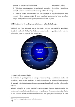 Manual de Administração Educativa Bartolomeu L. Varela
105
d) Publicidade: ser transparente, dar publicidade aos dados e factos. Essa é uma forma
eficaz de estimular o controlo social do serviço público da educação.
e) Eficiência: fazer o que precisa ser feito com o máximo de qualidade ao menor custo
possível. Não se trata de redução de custo a qualquer custo, mas de buscar a melhor
relação entre qualidade do serviço educativo e a qualidade do gasto.
8.2.2. Fundamentos da gestão pela excelência e sua aplicação à educação
Orientados por estes princípios básicos, integram a base de sustentação do Modelo de
Excelência em Gestão Pública46
os fundamentos apresentados a seguir (em muitos aspectos
coincidentes, como há de se ver, com os da TQM):
1-Excelência dirigida ao cidadão:
A excelência em gestão pública da educação pressupõe atenção prioritária ao cidadão e à
sociedade (e, antes de mais, ao aluno), na condição de usuários ou utentes do serviço público
da educação e destinatários da acção decorrente do poder de Estado exercido pelas escolas
públicas.
Segundo o Modelo de Gestão em apreço, as organizações públicas, mesmo aquelas que
prestam serviços exclusivos de Estado, como os de educação, devem submeter-se à avaliação
de seus usuários, obtendo o conhecimento necessário para gerar produtos e serviços de valor
46
Cf. http://www.pqsp.planejamento.gov.br/fundamentos.htm
 