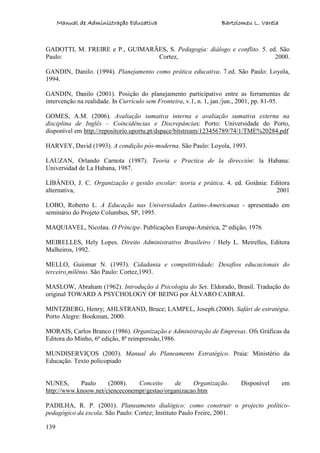 Manual de Administração Educativa Bartolomeu L. Varela
139
GADOTTI, M. FREIRE e P., GUIMARÃES, S. Pedagogia: diálogo e conflito. 5. ed. São
Paulo: Cortez, 2000.
GANDIN, Danilo. (1994). Planejamento como prática educativa. 7.ed. São Paulo: Loyola,
1994.
GANDIN, Danilo (2001). Posição do planejamento participativo entre as ferramentas de
intervenção na realidade. In Currículo sem Fronteira, v.1, n. 1, jan./jun., 2001, pp. 81-95.
GOMES, A.M. (2006). Avaliação sumativa interna e avaliação sumativa externa na
disciplina de Inglês – Coincidências e Discrepâncias: Porto: Universidade do Porto,
disponível em http://repositorio.uportu.pt/dspace/bitstream/123456789/74/1/TME%20284.pdf
HARVEY, David (1993). A condição pós-moderna. São Paulo: Loyola, 1993.
LAUZAN, Orlando Carnota (1987). Teoría e Practica de la dirección: la Habana:
Universidad de La Habana, 1987.
LIBÂNEO, J. C. Organização e gestão escolar: teoria e prática. 4. ed. Goiânia: Editora
alternativa, 2001
LOBO, Roberto L. A Educação nas Universidades Latino-Americanas - apresentado em
seminário do Projeto Columbus, SP, 1995.
MAQUIAVEL, Nicolau. O Príncipe. Publicações Europa-América, 2ª edição, 1976
MEIRELLES, Hely Lopes. Direito Administrativo Brasileiro / Hely L. Meirelles, Editora
Malheiros, 1992.
MELLO, Guiomar N. (1993). Cidadania e competitividade: Desafios educacionais do
terceiro milênio. São Paulo: Cortez,1993.
MASLOW, Abraham (1962). Introdução à Psicologia do Ser. Eldorado, Brasil. Tradução do
original TOWARD A PSYCHOLOGY OF BEING por ÁLVARO CABRAL
MINTZBERG, Henry; AHLSTRAND, Bruce; LAMPEL, Joseph.(2000). Safári de estratégia.
Porto Alegre: Bookman, 2000.
MORAIS, Carlos Branco (1986). Organização e Administração de Empresas. Ofs Gráficas da
Editora do Minho, 6ª edição, 8ª reimpressão,1986.
MUNDISERVIÇOS (2003). Manual do Planeamento Estratégico. Praia: Ministério da
Educação. Texto policopiado
NUNES, Paulo (2008). Conceito de Organização. Disponível em
http://www.knoow.net/cienceconempr/gestao/organizacao.htm
PADILHA, R. P. (2001). Planeamento dialógico: como construir o projecto político-
pedagógico da escola. São Paulo: Cortez; Instituto Paulo Freire, 2001.
 