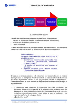 ADMINISTRACIÓN DE NEGOCIOS
ESCUELA DE ADMINISTRACIÓN INDUSTRIAL 91
ELABORADO POR SENATI
La parte más importante del proceso es el primer paso. Se recomienda:
 Basarse en información completa y confiable estadística, proyecciones).
 No confundir el problema con las causas.
 Definir parámetros.
Cuando se ha identificado con claridad el problema, se deben plantear las alternativas
de solución y escoger la óptima de acuerdo con una relación costo-beneficio.
El proceso de toma de decisiones está relacionado con la sistematización de mejoras
de los procesos de la empresa. Para llevar adelante un proceso de toma de decisiones
que lleve a mejoras en la empresa es vital apoyarse en el personal de la organización.
Una forma ordenada de llevar el control de mejoras con buenas decisiones es seguir el
siguiente modelo:
 El personal del área involucrada es quien mejor conoce los problemas y las
respectivas soluciones, como ejemplo se ha detectado que un problema grave del
área es que en pleno proceso de producción las máquinas se detienen de improviso
y requieren reparaciones urgentes y esto retrasa el plan de producción y se
incumplen las fechas de entrega al cliente.
 ¿Qué decisión tomar?
 