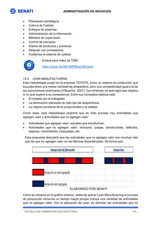 ADMINISTRACIÓN DE NEGOCIOS
ESCUELA DE ADMINISTRACIÓN INDUSTRIAL 101
 Planeación estratégica.
 Cultura de Calidad.
 Enfoque de sistemas.
 Administración de la información.
 Métodos de supervisión.
 Control de procesos.
 Diseño de productos y procesos.
 Relación con proveedores.
 Auditorías al sistema de calidad.
Enlace para video de TQM
https://youtu.be/Q41NZfREqCQEnlace
14.3. LEAN MANUFACTURING
Esta metodología surgió en la empresa TOYOTA, como un sistema de producción que
buscaba tener una menor cantidad de desperdicio, pero una competitividad igual a la de
las automotrices americanas (Villaseñor, 2007). Con el tiempo no solo logró ese objetivo
si no que superó a su competencia. Entre sus conceptos básicos está:
 El respeto por el trabajador.
 La eliminación planeada de todo tipo de desperdicios.
 La mejora constante de la productividad y la calidad.
Como base, esta metodología propone que en todo proceso hay actividades que
agregan valor y actividades que no agregan valor:
 Actividades que agregan valor: aquellas que transforman.
 Actividades que no agregan valor: rechazos, quejas, devoluciones, defectos,
esperas, movimientos, búsquedas, etc.
Esta propuesta descubrió que las actividades que no agregan valor son muchas más
que las que no agregan valor en las fábricas desordenadas. De forma que:
ELABORADO POR SENATI
Como se observa en la gráfica anterior, antes de aplicar Lean Manufacturing el proceso
de producción consume un tiempo mayor porque incluye una variedad de actividades
que no agregan valor. Con la aplicación de Lean, se eliminan las actividades que no
 