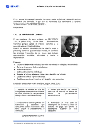 ADMINISTRACIÓN DE NEGOCIOS
ESCUELA DE ADMINISTRACIÓN INDUSTRIAL 6
Es por eso se hizo necesario estudiar de manera seria, profesional y sistemática cómo
administrar una empresa. Y por eso es importante que estudiemos a quienes
“profesionalizaron” la ADMINISTRACIÓN.
Empecemos…
1.1.3. La Administración Científica
El representante de este enfoque es FREDERICK
TAYLOR (1856-1915). Se le llama Administración
Científica porque aplicó el método científico a la
administración en Estados Unidos.
Realizó un estudio sistemático de la relación entre la
persona y las tareas que esta debía realzar, en contra de
las prácticas frecuentes de su época que incluían
conocimientos empíricos, informales y hasta la
improvisación.
Propuso:
 Mejorar la eficiencia del trabajo a través del estudio de tiempos y movimientos.
 Generar el aumento de la productividad.
 Análisis del trabajo.
 Distribución uniforme del trabajo.
 Adaptar al obrero a la tarea. Selección científica del obrero.
 Establecer normas y procedimientos.
 Establecer permios e incentivos al trabajador más productivo.
Estableció en resumen cuatro principios, según Jones, 2010:
ELABORADO POR SENATI
1. Estudiar la manera en que los
trabajadores desempeñan sus tareas,
recopilar información y experimentar
la mejor forma de hacer el trabajo.
2. Poner por escrito los nuevos
métodos de realizar las tareas en
forma de procedimientos
estandarizados.
3. Seleccionar a los trabajadores con
habilidades y destrezas que
concuerden con las necesidades de la
tarea (según el procedimiento) y
entrenarla.
4. Establecer un nivel justo de
desempeño de la tarea y crear un
sistema de pago que premie el
desempeño superior al nivel
aceptable.
 