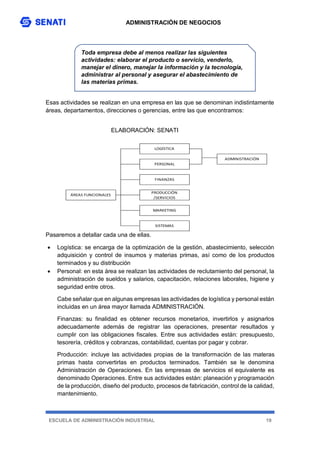 ADMINISTRACIÓN DE NEGOCIOS
ESCUELA DE ADMINISTRACIÓN INDUSTRIAL 19
Esas actividades se realizan en una empresa en las que se denominan indistintamente
áreas, departamentos, direcciones o gerencias, entre las que encontramos:
ELABORACIÓN: SENATI
Pasaremos a detallar cada una de ellas.
 Logística: se encarga de la optimización de la gestión, abastecimiento, selección
adquisición y control de insumos y materias primas, así como de los productos
terminados y su distribución
 Personal: en esta área se realizan las actividades de reclutamiento del personal, la
administración de sueldos y salarios, capacitación, relaciones laborales, higiene y
seguridad entre otros.
Cabe señalar que en algunas empresas las actividades de logística y personal están
incluidas en un área mayor llamada ADMINISTRACIÓN.
Finanzas: su finalidad es obtener recursos monetarios, invertirlos y asignarlos
adecuadamente además de registrar las operaciones, presentar resultados y
cumplir con las obligaciones fiscales. Entre sus actividades están: presupuesto,
tesorería, créditos y cobranzas, contabilidad, cuentas por pagar y cobrar.
Producción: incluye las actividades propias de la transformación de las materas
primas hasta convertirlas en productos terminados. También se le denomina
Administración de Operaciones. En las empresas de servicios el equivalente es
denominado Operaciones. Entre sus actividades están: planeación y programación
de la producción, diseño del producto, procesos de fabricación, control de la calidad,
mantenimiento.
Toda empresa debe al menos realizar las siguientes
actividades: elaborar el producto o servicio, venderlo,
manejar el dinero, manejar la información y la tecnología,
administrar al personal y asegurar el abastecimiento de
las materias primas.
SISTEMAS
ÁREAS FUNCIONALES
LOGÍSTICA
PERSONAL
FINANZAS
ADMINISTRACIÓN
PRODUCCIÓN
/SERVICIOS
MARKETING
 