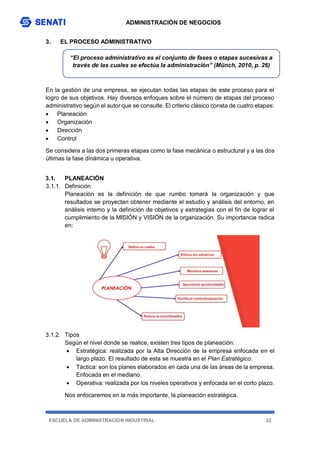 ADMINISTRACIÓN DE NEGOCIOS
ESCUELA DE ADMINISTRACIÓN INDUSTRIAL 22
3. EL PROCESO ADMINISTRATIVO
En la gestión de una empresa, se ejecutan todas las etapas de este proceso para el
logro de sus objetivos. Hay diversos enfoques sobre el número de etapas del proceso
administrativo según el autor que se consulte. El criterio clásico consta de cuatro etapas:
 Planeación
 Organización
 Dirección
 Control
Se considera a las dos primeras etapas como la fase mecánica o estructural y a las dos
últimas la fase dinámica u operativa.
3.1. PLANEACIÓN
3.1.1. Definición
Planeación es la definición de que rumbo tomará la organización y que
resultados se proyectan obtener mediante el estudio y análisis del entorno, en
análisis interno y la definición de objetivos y estrategias con el fin de lograr el
cumplimiento de la MISIÓN y VISIÓN de la organización. Su importancia radica
en:
3.1.2. Tipos
Según el nivel donde se realice, existen tres tipos de planeación:
 Estratégica: realizada por la Alta Dirección de la empresa enfocada en el
largo plazo. El resultado de esta se muestra en el Plan Estratégico.
 Táctica: son los planes elaborados en cada una de las áreas de la empresa.
Enfocada en el mediano.
 Operativa: realizada por los niveles operativos y enfocada en el corto plazo.
Nos enfocaremos en la más importante, la planeación estratégica.
“El proceso administrativo es el conjunto de fases o etapas sucesivas a
través de las cuales se efectúa la administración” (Münch, 2010, p. 26)
 