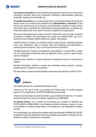 ADMINISTRACIÓN DE NEGOCIOS
ESCUELA DE ADMINISTRACIÓN INDUSTRIAL 24
Los valores corporativos son los principios que seguirá la empresa, es un conjunto de
conceptos, creencias, tales como: innovación, honestidad, responsabilidad, desarrollo
sostenible, respeto por la diversidad, etc.
El análisis del entorno es una herramienta clave, que permite estudiar las fuerza que
operan fuera de la empresa para identificar las oportunidades y amenazas. Al ser
fuerzas que operan fuera de la empresa, el administrador o gerente no tiene control
sobre ellas, pero al identificar las oportunidades puede aprovecharlas y al detectar las
amenazas puede tomar acción para minimizar su impacto en la organización.
Hay varias metodologías para analizar el entorno. Este último para ser mejor analizado
se divide en variables. Una metodología muy usada es el análisis PEST, que es un
acrónimo de las variables: Política, Económica, Social, Tecnológica.
Variable Política: se refiere a la condición política y legal del país. Contesta preguntas
como ¿hay estabilidad? ¿Hay en proceso leyes que signifiquen una oportunidad o
amenaza para la empresa? ¿hay un clima que favorece la inversión?
Variable Económica: contesta a las preguntas ¿hay inflación?, ¿creció el PBI?, ¿cuáles
son las perspectivas económicas para los siguientes años?, ¿crece el sector donde
opera mi empresa?
Variable Social: referida a la moda, tendencias, costumbres a tomar en cuenta para el
negocio.
Variable Tecnológica: referida a conocer que tecnología avance pequeño o grande
puede favorecer o perjudicar a la empresa.
De este análisis surgirán las oportunidades y amenazas para elaborar la matriz F.O.D.A.
EJEMPLO:
Del análisis del entorno se obtendrá información como:
Firma de un TLC con la India: ¿qué variable es? Política-Legal. Si nuestra empresa
exporta, el TLC significaría una OPORTUNIDAD para aprovechar.
Tendencia al alza de tipo de cambio del dólar: ¿qué variable es? Económica. Si nuestra
empresa compra sus insumos en dólares, significaría una AMENAZA.
El Análisis Interno: es un análisis de la empresa que consiste en identificar las
FORTALEZAS y DEBILIDADES. Las fortalezas se deben mantener y mejorar, ya que
se convierten en nuestra ventaja frente a la competencia. Las debilidades de deben
corregir.
Una metodología muy usada para el análisis interno es la llamada CADENA DE VALOR,
de Michael Porter que consiste en dividir las actividades que realiza la empresa a fin de
facilitar su análisis, el esquema es el siguiente:
 