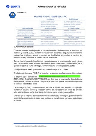 ADMINISTRACIÓN DE NEGOCIOS
ESCUELA DE ADMINISTRACIÓN INDUSTRIAL 29
EJEMPLO:
ELABORACIÓN SENATI
Como se observa en el ejemplo, el personal directivo de la empresa a analizado las
matrices y en el F.O.D.A. realizan un “cruce” con acciones a seguir para: mantener o
mejorar las fortalezas, reducir o eliminar las debilidades, aprovechar al máximo las
oportunidades y minimizar el impacto de las amenazas.
De ese “cruce”, nacerán los objetivos y estrategias que la empresa debe seguir. Ahora
bien, dependiendo de los autores, hay muchas definiciones (hasta contradictorias) de lo
que es un objetivo o una estrategia. Tomaremos una sencilla (Becerra, 2013):
Un objetivo es el “qué” quiero realizar y una estrategia es el “cómo”.
En el ejemplo de matriz F.O.D.A. anterior hay una acción que la empresa debe realizar:
El objetivo (qué) consiste en
AMPLIAR LA BASE DE PROVVEDORES, es decir que la empresa ha detectado una
debilidad que consiste en contar con pocos proveedores y debe subsanarla ampliando
la cantidad y calidad de estos.
La estrategia (cómo) correspondiente, será la actividad para logarlo, por ejemplo:
realizar un estudio, análisis y selección técnica de proveedores en enero del próximo
año, asignando una fecha de entrega del informe y uno o más responsables.
Una vez que la empresa define con claridad sus objetivos y estrategias, pasará a realizar
un control y seguimiento de estas para verificar su cumplimiento y/o hacer reajustes en
el camino.
Ampliar base de proveedores (D1,O1)
 