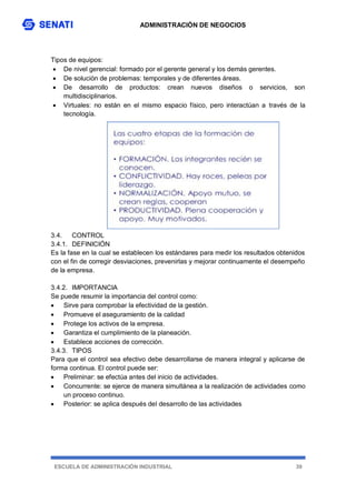 ADMINISTRACIÓN DE NEGOCIOS
ESCUELA DE ADMINISTRACIÓN INDUSTRIAL 39
Tipos de equipos:
 De nivel gerencial: formado por el gerente general y los demás gerentes.
 De solución de problemas: temporales y de diferentes áreas.
 De desarrollo de productos: crean nuevos diseños o servicios, son
multidisciplinarios.
 Virtuales: no están en el mismo espacio físico, pero interactúan a través de la
tecnología.
3.4. CONTROL
3.4.1. DEFINICIÓN
Es la fase en la cual se establecen los estándares para medir los resultados obtenidos
con el fin de corregir desviaciones, prevenirlas y mejorar continuamente el desempeño
de la empresa.
3.4.2. IMPORTANCIA
Se puede resumir la importancia del control como:
 Sirve para comprobar la efectividad de la gestión.
 Promueve el aseguramiento de la calidad
 Protege los activos de la empresa.
 Garantiza el cumplimiento de la planeación.
 Establece acciones de corrección.
3.4.3. TIPOS
Para que el control sea efectivo debe desarrollarse de manera integral y aplicarse de
forma continua. El control puede ser:
 Preliminar: se efectúa antes del inicio de actividades.
 Concurrente: se ejerce de manera simultánea a la realización de actividades como
un proceso continuo.
 Posterior: se aplica después del desarrollo de las actividades
 