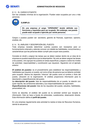 ADMINISTRACIÓN DE NEGOCIOS
ESCUELA DE ADMINISTRACIÓN INDUSTRIAL 67
6.1.3. EL CARGO O PUESTO
Son las unidades mínimas de la organización. Pueden estar ocupados por una o más
personas.
EJEMPLO:
Cargos o puestos pueden ser: secretaria, gerente de finanzas, supervisor, operario,
analista, etc.
6.1.4. EL ANÁLISIS Y DESCRIPCIÓN DEL PUESTO
Toda empresa necesita determinar cuántos puestos son necesarios para un
funcionamiento ordenado y además conocer con detalle las habilidades, conocimientos y
características que las personas deben cumplir para ocupar esos puestos.
Consiste en dividir y asignar las tareas que se deben realizar dentro de un área de la
empresa en puestos específicos que la desempeñen. No solo se deben asignar las tareas
a los puestos, sino agrupar los puestos en áreas específicas y asignar a estos los niveles
de autoridad, responsabilidad y coordinación que requieran. Siguiendo con el ejemplo
anterior:
El análisis de puestos: es el procedimiento para establecer las responsabilidades y
habilidades que requiere un puesto, así como el tipo de persona que se debería contratar
para ocuparlo. Abarca los aspectos “internos” del puesto como el nombre o título del
puesto, ubicación en la organización. El análisis proporciona información para la
descripción y especificaciones del puesto.
La descripción del puesto: lista de responsabilidades de un puesto, la relación con
quien reporta, las condiciones laborales y sus responsabilidades de supervisión.
Especificaciones del puesto: lista de los requisitos del puesto, estudios, habilidades,
personalidad, etc.
Como se describe, el análisis del puesto es la actividad central que recopila la
información. Esto se hace a través de entrevistas, cuestionarios, observación directa.
Esta información define el perfil del puesto.
En una empresa regularmente esta actividad la realiza el área de Recursos Humanos,
siendo la secuencia:
En una empresa el cargo “OPERARIO” tendrá definido sus
funciones y requisitos para ser ocupado. Sin embargo, ese puesto
puede estar ocupado o ejercido por veinte personas.
 