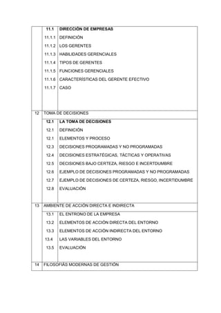 11.1
11.1.1
11.1.2
11.1.3
11.1.4
11.1.5
11.1.6
11.1.7
DIRECCIÓN DE EMPRESAS
DEFINICIÓN
LOS GERENTES
HABILIDADES GERENCIALES
TIPOS DE GERENTES
FUNCIONES GERENCIALES
CARACTERÍSTICAS DEL GERENTE EFECTIVO
CASO
12 TOMA DE DECISIONES
12.1
12.1
12.1
12.3
12.4
12.5
12.6
12.7
12.8
LA TOMA DE DECISIONES
DEFINICIÓN
ELEMENTOS Y PROCESO
DECISIONES PROGRAMADAS Y NO PROGRAMADAS
DECISIONES ESTRATÉGICAS, TÁCTICAS Y OPERATIVAS
DECISIONES BAJO CERTEZA, RIESGO E INCERTDUMBRE
EJEMPLO DE DECISIONES PROGRAMADAS Y NO PROGRAMADAS
EJEMPLO DE DECISIONES DE CERTEZA, RIESGO, INCERTIDUMBRE
EVALUACIÓN
13 AMBIENTE DE ACCIÓN DIRECTA E INDIRECTA
13.1
13.2
13.3
13.4
13.5
EL ENTRONO DE LA EMPRESA
ELEMENTOS DE ACCIÓN DIRECTA DEL ENTORNO
ELEMENTOS DE ACCIÓN INDIRECTA DEL ENTORNO
LAS VARIABLES DEL ENTORNO
EVALUACIÓN
14 FILOSOFIÁS MODERNAS DE GESTIÓN
 