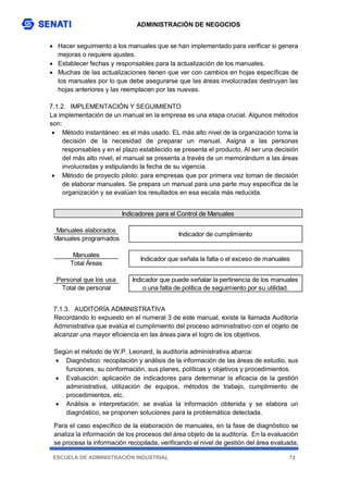 ADMINISTRACIÓN DE NEGOCIOS
ESCUELA DE ADMINISTRACIÓN INDUSTRIAL 72
 Hacer seguimiento a los manuales que se han implementado para verificar si genera
mejoras o requiere ajustes.
 Establecer fechas y responsables para la actualización de los manuales.
 Muchas de las actualizaciones tienen que ver con cambios en hojas específicas de
los manuales por lo que debe asegurarse que las áreas involucradas destruyan las
hojas anteriores y las reemplacen por las nuevas.
7.1.2. IMPLEMENTACIÓN Y SEGUIMIENTO
La implementación de un manual en la empresa es una etapa crucial. Algunos métodos
son:
 Método instantáneo: es el más usado. EL más alto nivel de la organización toma la
decisión de la necesidad de preparar un manual. Asigna a las personas
responsables y en el plazo establecido se presenta el producto. Al ser una decisión
del más alto nivel, el manual se presenta a través de un memorándum a las áreas
involucradas y estipulando la fecha de su vigencia.
 Método de proyecto piloto: para empresas que por primera vez toman de decisión
de elaborar manuales. Se prepara un manual para una parte muy específica de la
organización y se evalúan los resultados en esa escala más reducida.
7.1.3. AUDITORÍA ADMINISTRATIVA
Recordando lo expuesto en el numeral 3 de este manual, existe la llamada Auditoría
Administrativa que evalúa el cumplimiento del proceso administrativo con el objeto de
alcanzar una mayor eficiencia en las áreas para el logro de los objetivos.
Según el método de W.P. Leonard, la auditoría administrativa abarca:
 Diagnóstico: recopilación y análisis de la información de las áreas de estudio, sus
funciones, su conformación, sus planes, políticas y objetivos y procedimientos.
 Evaluación: aplicación de indicadores para determinar la eficacia de la gestión
administrativa, utilización de equipos, métodos de trabajo, cumplimiento de
procedimientos, etc.
 Análisis e interpretación: se evalúa la información obtenida y se elabora un
diagnóstico, se proponen soluciones para la problemática detectada.
Para el caso específico de la elaboración de manuales, en la fase de diagnóstico se
analiza la información de los procesos del área objeto de la auditoría. En la evaluación
se procesa la información recopilada, verificando el nivel de gestión del área evaluada,
Manuales elaborados
Manuales programados
Manuales
Total Áreas
Personal que los usa
Total de personal
Indicadores para el Control de Manuales
Indicador de cumplimiento
Indicador que señala la falta o el exceso de manuales
Indicador que puede señalar la pertinencia de los manuales
o una falta de política de seguimiento por su utilidad.
 