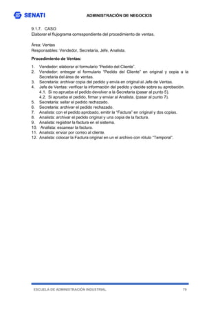 ADMINISTRACIÓN DE NEGOCIOS
ESCUELA DE ADMINISTRACIÓN INDUSTRIAL 79
9.1.7. CASO
Elaborar el flujograma correspondiente del procedimiento de ventas.
Área: Ventas
Responsables: Vendedor, Secretaria, Jefe, Analista.
Procedimiento de Ventas:
1. Vendedor: elaborar el formulario “Pedido del Cliente”.
2. Vendedor: entregar el formulario “Pedido del Cliente” en original y copia a la
Secretaria del área de ventas.
3. Secretaria: archivar copia del pedido y envía en original al Jefe de Ventas.
4. Jefe de Ventas: verificar la información del pedido y decide sobre su aprobación.
4.1. Si no aprueba el pedido devolver a la Secretaria (pasar al punto 5).
4.2. Si aprueba el pedido, firmar y enviar al Analista. (pasar al punto 7).
5. Secretaria: sellar el pedido rechazado.
6. Secretaria: archivar el pedido rechazado.
7. Analista: con el pedido aprobado, emitir la “Factura” en original y dos copias.
8. Analista: archivar el pedido original y una copia de la factura.
9. Analista: registrar la factura en el sistema.
10. Analista: escanear la factura.
11. Analista: enviar por correo al cliente.
12. Analista: colocar la Factura original en un el archivo con rótulo “Temporal”.
 