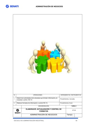ADMINISTRACIÓN DE NEGOCIOS
ESCUELA DE ADMINISTRACIÓN INDUSTRIAL 80
N OPERACIONES HERRAMIENTAS / INSTRUMENTOS
1
Determinar actividades de la empresa que brindan información y/o
necesitan control. HO-13
Procedimientos, manuales.
2 Elaborar formatos de información o control HO-14. Procedimientos, Excel.
DENOMOINACIÓN TAREA 1
ELABORACIÓ, ACTUALIZACIÓN Y CONTROL DE
FORMATOS
HT-04
ADMINISTRACIÓN DE NEGOCIOS Tiempo :
 