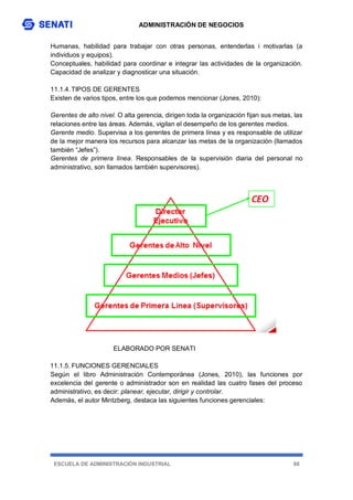 ADMINISTRACIÓN DE NEGOCIOS
ESCUELA DE ADMINISTRACIÓN INDUSTRIAL 88
Humanas, habilidad para trabajar con otras personas, entenderlas i motivarlas (a
individuos y equipos).
Conceptuales, habilidad para coordinar e integrar las actividades de la organización.
Capacidad de analizar y diagnosticar una situación.
11.1.4.TIPOS DE GERENTES
Existen de varios tipos, entre los que podemos mencionar (Jones, 2010):
Gerentes de alto nivel. O alta gerencia, dirigen toda la organización fijan sus metas, las
relaciones entre las áreas. Además, vigilan el desempeño de los gerentes medios.
Gerente medio. Supervisa a los gerentes de primera línea y es responsable de utilizar
de la mejor manera los recursos para alcanzar las metas de la organización (llamados
también “Jefes”).
Gerentes de primera línea. Responsables de la supervisión diaria del personal no
administrativo, son llamados también supervisores).
ELABORADO POR SENATI
11.1.5. FUNCIONES GERENCIALES
Según el libro Administración Contemporánea (Jones, 2010), las funciones por
excelencia del gerente o administrador son en realidad las cuatro fases del proceso
administrativo, es decir: planear, ejecutar, dirigir y controlar.
Además, el autor Mintzberg, destaca las siguientes funciones gerenciales:
 
