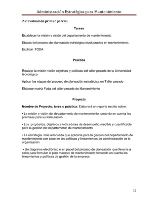 Administración Estratégica para Mantenimiento
32
2.2 Evaluación primer parcial
Tareas
Establecer la misión y visión del departamento de mantenimiento
Etapas del proceso de planeación estratégica involucrados en mantenimiento.
Explicar FODA
Practica
Realizar la misión visión objetivos y políticas del taller pesado de la Universidad
tecnológica
Aplicar las etapas del proceso de planeación estratégica en Taller pesado
Elaborar matriz Foda del taller pesado de Mantenimiento
Proyecto
Nombre de Proyecto, tarea o práctica: Elaborará un reporte escrito sobre:
• La misión y visión del departamento de mantenimiento tomando en cuenta las
premisas para su formulación
• Los propósitos, objetivos e indicadores de desempeño medible y cuantificable
para la gestión del departamento de mantenimiento
• La estrategia más adecuada que aplicaría para la gestión del departamento de
mantenimiento con base en las políticas y lineamientos de administración de la
organización
• Un diagrama electrónico o en papel del proceso de planeación que llevaría a
cabo para formular el plan maestro de mantenimiento tomando en cuenta los
lineamientos y políticas de gestión de la empresa
 