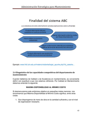 Administración Estratégica para Mantenimiento
45
Ejemplo: www.frsf.utn.edu.ar/matero/visitante/bajar_apunte.php?id_catedra...
2.4 Diagnóstico de las capacidades competitivas del departamento de
mantenimiento
Cuando hablamos de Calidad o de Excelencia en mantenimiento, es conveniente
definir con exactitud a que nos estamos refiriendo. Por Calidad en Mantenimiento
debemos entender lo siguiente:
MAXIMA DISPONIBILIDAD AL MÍNIMO COSTO
Si desmenuzamos este ambicioso objetivo en pequeñas metas menores, nos
encontramos que Máxima Disponibilidad al Mínimo Costo significa, entre otras
cosas:
1. Que dispongamos de mano de obra en la cantidad suficiente y con el nivel
de organización necesario.
 