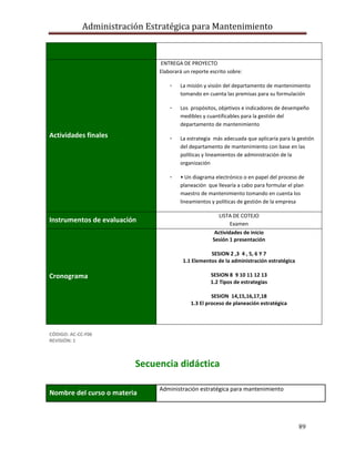 Administración Estratégica para Mantenimiento
89
Actividades finales
ENTREGA DE PROYECTO
Elaborará un reporte escrito sobre:
- La misión y visión del departamento de mantenimiento
tomando en cuenta las premisas para su formulación
- Los propósitos, objetivos e indicadores de desempeño
medibles y cuantificables para la gestión del
departamento de mantenimiento
- La estrategia más adecuada que aplicaría para la gestión
del departamento de mantenimiento con base en las
políticas y lineamientos de administración de la
organización
- • Un diagrama electrónico o en papel del proceso de
planeación que llevaría a cabo para formular el plan
maestro de mantenimiento tomando en cuenta los
lineamientos y políticas de gestión de la empresa
Instrumentos de evaluación
LISTA DE COTEJO
Examen
Cronograma
Actividades de inicio
Sesión 1 presentación
SESION 2 ,3 4 , 5, 6 Y 7
1.1 Elementos de la administración estratégica
SESION 8 9 10 11 12 13
1.2 Tipos de estrategias
SESION 14,15,16,17,18
1.3 El proceso de planeación estratégica
CÓDIGO: AC-CC-F06
REVISIÓN: 1
Secuencia didáctica
Nombre del curso o materia
Administración estratégica para mantenimiento
 