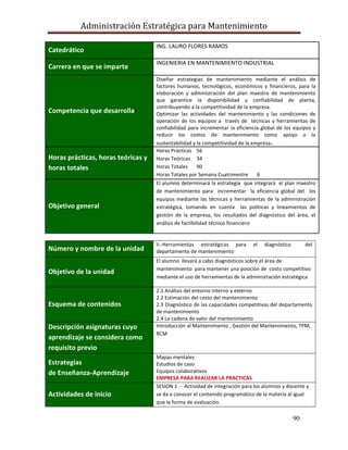 Administración Estratégica para Mantenimiento
90
Número y nombre de la unidad
II.-Herramientas estratégicas para el diagnóstico del
departamento de mantenimiento
Objetivo de la unidad
El alumno llevará a cabo diagnósticos sobre el área de
mantenimiento para mantener una posición de costo competitivo
mediante el uso de herramientas de la administración estratégica
Esquema de contenidos
2.1 Análisis del entorno interno y externo
2.2 Estimación del costo del mantenimiento
2.3 Diagnóstico de las capacidades competitivas del departamento
de mantenimiento
2.4 La cadena de valor del mantenimiento
Descripción asignaturas cuyo
aprendizaje se considera como
requisito previo
Introducción al Mantenimiento , Gestión del Mantenimiento, TPM,
RCM
Estrategias
de Enseñanza-Aprendizaje
Mapas mentales
Estudios de caso
Equipos colaborativos
EMPRESA PARA REALIZAR LA PRACTICAS
Actividades de inicio
SESION 1 .- Actividad de integración para los alumnos y docente y
se da a conocer el contenido programático de la materia al igual
que la forma de evaluación.
Catedrático
ING. LAURO FLORES RAMOS
Carrera en que se imparte
INGENIERIA EN MANTENIMIENTO INDUSTRIAL
Competencia que desarrolla
Diseñar estrategias de mantenimiento mediante el análisis de
factores humanos, tecnológicos, económicos y financieros, para la
elaboración y administración del plan maestro de mantenimiento
que garantice la disponibilidad y confiabilidad de planta,
contribuyendo a la competitividad de la empresa.
Optimizar las actividades del mantenimiento y las condiciones de
operación de los equipos a través de técnicas y herramientas de
confiabilidad para incrementar la eficiencia global de los equipos y
reducir los costos de mantenimiento como apoyo a la
sustentabilidad y la competitividad de la empresa.
Horas prácticas, horas teóricas y
horas totales
Horas Prácticas 56
Horas Teóricas 34
Horas Totales 90
Horas Totales por Semana Cuatrimestre 6
Objetivo general
El alumno determinará la estrategia que integrará el plan maestro
de mantenimiento para incrementar la eficiencia global del los
equipos mediante las técnicas y herramientas de la administración
estratégica, tomando en cuenta las políticas y lineamientos de
gestión de la empresa, los resultados del diagnóstico del área, el
análisis de factibilidad técnico financiero
 