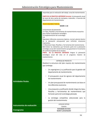 Administración Estratégica para Mantenimiento
94
requeridas para la realización del trabajo anual de mantenimiento.
PARTE DE LA PRACTICA ANTERIOR Formular el presupuesto anual
de mano de obra, partes de reemplazo, materiales e inversión del
departamento de mantenimiento
FIN DE SEGUNDO PARCIAL
SESION 1-10
3.4 Escenarios de planeación
3.5 Tipos, filosofías y herramientas de mantenimiento necesarios
para realizar la planeación estratégica
3.6 Implementación de la estrategia
3-4
Reproducir diferentes escenarios (óptimo, normal, pésimo) dentro
de la planeación presupuestal para enfrentar situaciones
imprevistas.
3-5 Reconocer tipos, filosofías y herramientas del mantenimiento
3.6 Enlistar los elementos que formarán parte de la planeación
estratégica anual del mantenimiento que garanticen el incremento
de la eficiencia global de los equipos
PARTE DE LA PRACTICA ANTERIOR Integrar la planeación
estratégica anual del área en el programa maestro de
mantenimiento-
Actividades finales
ENTREGA DE PROYECTO
Diseñará la estructura del plan maestro de mantenimiento
que contenga:
- Un organigrama y su justificación para la gestión del
departamento de mantenimiento.
- El presupuesto anual de egresos del departamento
de mantenimiento
- Un plan presupuestal de mantenimiento con base en
tres diferentes escenarios
- Una propuesta y justificación donde integra los tipos,
filosofías y herramientas de mantenimiento que
formarán parte de la estrategia planeada
- La estrategia competitiva seleccionada para la
gestión del mantenimiento
Instrumentos de evaluación
LISTA DE COTEJO
Examen
Cronograma
Actividades de inicio
Sesión 1 presentación
 