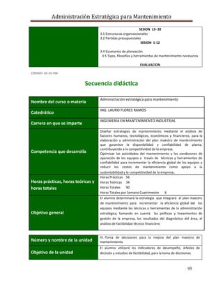 Administración Estratégica para Mantenimiento
95
SESION 13- 20
3.1 Estructuras organizacionales
3.2 Partidas presupuestales
SESION 1-12
3.4 Escenarios de planeación
3.5 Tipos, filosofías y herramientas de mantenimiento necesarios
EVALUACION
CÓDIGO: AC-CC-F06
Secuencia didáctica
Número y nombre de la unidad
IV.-Toma de decisiones para la mejora del plan maestro de
mantenimiento
Objetivo de la unidad
El alumno utilizará los indicadores de desempeño, árboles de
decisión y estudios de factibilidad, para la toma de decisiones
Nombre del curso o materia
Administración estratégica para mantenimiento
Catedrático
ING. LAURO FLORES RAMOS
Carrera en que se imparte
INGENIERIA EN MANTENIMIENTO INDUSTRIAL
Competencia que desarrolla
Diseñar estrategias de mantenimiento mediante el análisis de
factores humanos, tecnológicos, económicos y financieros, para la
elaboración y administración del plan maestro de mantenimiento
que garantice la disponibilidad y confiabilidad de planta,
contribuyendo a la competitividad de la empresa.
Optimizar las actividades del mantenimiento y las condiciones de
operación de los equipos a través de técnicas y herramientas de
confiabilidad para incrementar la eficiencia global de los equipos y
reducir los costos de mantenimiento como apoyo a la
sustentabilidad y la competitividad de la empresa.
Horas prácticas, horas teóricas y
horas totales
Horas Prácticas 56
Horas Teóricas 34
Horas Totales 90
Horas Totales por Semana Cuatrimestre 6
Objetivo general
El alumno determinará la estrategia que integrará el plan maestro
de mantenimiento para incrementar la eficiencia global del los
equipos mediante las técnicas y herramientas de la administración
estratégica, tomando en cuenta las políticas y lineamientos de
gestión de la empresa, los resultados del diagnóstico del área, el
análisis de factibilidad técnico financiero
 