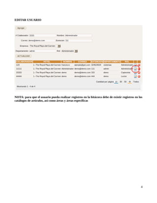 EDITAR USUARIO




NOTA: para que el usuario pueda realizar registros en la bitácora debe de existir registros en los
catálogos de artículos, así como áreas y áreas especificas




                                                                                                4
 