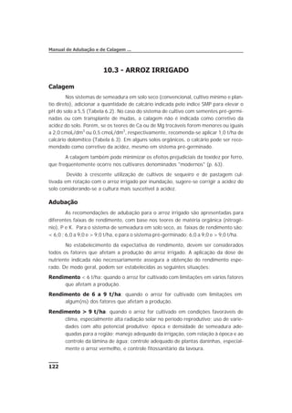 10.3 - ARROZ IRRIGADO
Calagem
Nos sistemas de semeadura em solo seco (convencional, cultivo mínimo e plan-
tio direto), adicionar a quantidade de calcário indicada pelo índice SMP para elevar o
pH do solo a 5,5 (Tabela 6.2). No caso do sistema de cultivo com sementes pré-germi-
nadas ou com transplante de mudas, a calagem não é indicada como corretivo da
acidez do solo. Porém, se os teores de Ca ou de Mg trocáveis forem menores ou iguais
a 2,0 cmolc/dm3
ou 0,5 cmolc/dm3
, respectivamente, recomenda-se aplicar 1,0 t/ha de
calcário dolomítico (Tabela 6.3). Em alguns solos orgânicos, o calcário pode ser reco-
mendado como corretivo da acidez, mesmo em sistema pré-germinado.
A calagem também pode minimizar os efeitos prejudiciais da toxidez por ferro,
que freqüentemente ocorre nos cultivares denominados "modernos" (p. 63).
Devido à crescente utilização de cultivos de sequeiro e de pastagem cul-
tivada em rotação com o arroz irrigado por inundação, sugere-se corrigir a acidez do
solo considerando-se a cultura mais suscetível à acidez.
Adubação
As recomendações de adubação para o arroz irrigado são apresentadas para
diferentes faixas de rendimento, com base nos teores de matéria orgânica (nitrogê-
nio), P e K. Para o sistema de semeadura em solo seco, as faixas de rendimento são:
< 6,0 ; 6,0 a 9,0 e > 9,0 t/ha, e para o sistema pré-germinado: 6,0 a 9,0 e > 9,0 t/ha.
No estabelecimento da expectativa de rendimento, devem ser considerados
todos os fatores que afetam a produção do arroz irrigado. A aplicação da dose de
nutriente indicada não necessariamente assegura a obtenção do rendimento espe-
rado. De modo geral, podem ser estabelecidas as seguintes situações:
Rendimento < 6 t/ha: quando o arroz for cultivado com limitações em vários fatores
que afetam a produção.
Rendimento de 6 a 9 t/ha: quando o arroz for cultivado com limitações em
algum(ns) dos fatores que afetam a produção.
Rendimento > 9 t/ha: quando o arroz for cultivado em condições favoráveis de
clima, especialmente alta radiação solar no período reprodutivo; uso de varie-
dades com alto potencial produtivo; época e densidade de semeadura ade-
quadas para a região; manejo adequado da irrigação, com relação à época e ao
controle da lâmina de água; controle adequado de plantas daninhas, especial-
mente o arroz vermelho, e controle fitossanitário da lavoura.
122
Manual de Adubação e de Calagem ...
 