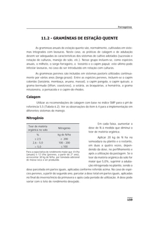 11.2 - GRAMÍNEAS DE ESTAÇÃO QUENTE
As gramíneas anuais de estação quente são, normalmente, cultivadas em siste-
mas integrados com lavouras. Neste caso, as práticas de calagem e de adubação
devem ser adequadas às características dos sistemas de cultivo adotados (sucessão e
rotação de culturas, manejo do solo, etc.). Nesse grupo incluem-se, como espécies
anuais, o milheto, o sorgo forrageiro, o teosinto e o capim papuã; este último pode
infestar lavouras, no caso de ser introduzido em rotação com culturas.
As gramíneas perenes são incluídas em sistemas pastoris utilizados continua-
mente por vários anos (longo prazo). Entre as espécies perenes, incluem-se o capim
colonião (tanzânia, mombaça, aruana, massai), o capim pangola, o capim quicuio, a
grama bermuda (tifton, coastcross), a setária, as braquiárias, a hemártria, a grama
missioneira, a pensacola e o capim-de-rhodes.
Calagem
Utilizar as recomendações de calagem com base no índice SMP para o pH de
referência 5,5 (Tabela 6.2). Ver as observações do item 6.4 para a implementação em
diferentes sistemas de manejo.
Nitrogênio
Em cada faixa, aumentar a
dose de N à medida que diminui o
teor de matéria orgânica.
Aplicar 20 kg de N ha na
semeadura ou plantio e o restante,
em duas a quatro vezes, depen-
dendo da dose, no perfilhamento e
após a utilização da pastagem. Se o
teor da matéria orgânica do solo for
maior que 5,0%, suprimir a aduba-
ção nitrogenada no plantio, sendo a
dose parcelada em partes iguais, aplicadas conforme referido acima. No caso de espé-
cies perenes, a partir do segundo ano, parcelar a dose total em partes iguais, aplicadas
no final do inverno/início da primavera e após cada período de utilização. A dose pode
variar com o teto de rendimento desejado.
159
Forrageiras
Teor de matéria
orgânica no solo
Nitrogênio
% kg de N/ha
£ 2,5 ³ 200
2,6 - 5,0 100 - 200
> 5,0 £ 100
Para a expectativa de rendimento maior que 8 t/ha
(anuais) e 12 t/ha (perenes, a partir do 2º ano),
acrescentar 30 kg de N/ha, por tonelada adicional
de massa seca a ser produzida.
 