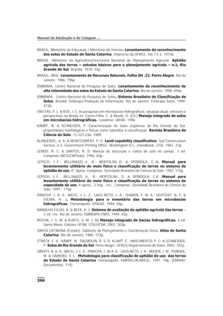 BRASIL. Ministério da Educação / Ministério do Interior. Levantamento de reconhecimento
dos solos do Estado de Santa Catarina. Imprensa da UFRGS, Vol.1 e 2. 1973b.
BRASIL. Ministério da Agricultura/Secretaria Nacional de Planejamento Agrícola. Aptidão
agrícola das terras – estudos básicos para o planejamento agrícola – n.1, Rio
Grande do Sul. Brasília: 1978. 55p.
BRASIL, IBGE. Levantamento de Recursos Naturais. Folha SH .22. Porto Alegre. Rio de
Janeiro: 1986. 796p.
EMBRAPA. Centro Nacional de Pesquisa de Solos. Levantamento de reconhecimento de
alta intensidade dos solos do Estado de Santa Catarina. Rio de Janeiro, 1998. 494p.
EMBRAPA. Centro Nacional de Pesquisa de Solos. Sistema Brasileiro de Classificação de
Solos. Brasília: Embrapa Produção de Informação; Rio de Janeiro: Embrapa Solos, 1999.
412p.
FREITAS, P. L. & KER, J. C. As pesquisas em microbacias hidrográficas: situação atual, entraves e
perspectivas no Brasil. In: Castro Filho, C. & Muzilli, O. (Ed.) Manejo integrado de solos
em microbacias hidrográficas. Londrina: IAPAR, 1996.
KÄMPF, N. & SCHNEIDER, P. Caracterização de solos orgânicos do Rio Grande do Sul:
propriedades morfológicas e físicas como subsídios à classificação. Revista Brasileira de
Ciência do Solo, 13:227-236, 1989.
KLINGEBIEL, A. A. & MONTGOMERY, P. H. Land-capability classification. Soil Conservation
Service, U.S. Government Printing Office. Washington D.C. (Handbook, 210), 1961. 21p.
LEMOS, R. C. & SANTOS, R. D. Manual de descrição e coleta de solo no campo. 3 ed.
Campinas:SBCS/CNPSolos, 1996. 83p.
LEPSCH, I. F.: BELLINAZZI, Jr. R.; BERTOLINI, D. & SPINDOLA, C. R. Manual para
levantamento utilitário do meio físico e classificação de terras no sistema de
aptidão de uso. 4a
. Aprox. Campinas: Sociedade Brasileira de Ciência do Solo. 1983. 175p.
LEPSCH, I. F.; BELLINAZZI Jr., R.; BERTOLINI, D. & SPÍNDOLA, C.R. Manual para
levantamento utilitário do meio físico e classificação de terras no sistema de
capacidade de uso. 4 aprox., 2 imp., rev. Campinas: Sociedade Brasileira de Ciência do
Solo, 1991. 175p.
PANICHI, J. A. V.; BACIC, I. L. Z.; LAUS NETO, J. A.; CHANIN, Y. M. A.; SEIFFERT, N. F. &
VIEIRA, H. J. Metodologia para o inventário das terras em microbacias
hidrográficas. Florianópolis: EPAGRI. 1994. 50p.
RAMALHO FILHO, A. & BEEK, K. J. Sistema de avaliação da aptidão agrícola das terras –
3 ed. rev. Rio de Janeiro: EMBRAPA-CNPS, 1994. 65p.
ROCHA, J. S. M. & KURTZ, S. M. J. M. Manejo integrado de bacias hidrográficas. 4 ed.
Santa Maria: Edições UFSM, CCR/UFSM, 2001. 302p.
SANTA CATARINA (Estado). Gabinete de Planejamento e Coordenação Geral. Atlas de Santa
Catarina. Rio de Janeiro, 1986. 173p.
STRECK, E. V.; KÄMPF, N.; DALMOLIN, R. S. D; KLAMT, E.; NASCIMENTO, P. C. & SCHNEIDER,
P. Solos do Rio Grande do Sul. Porto Alegre: UFRGS-Departamento de Solos, 2002. 107p.
UBERTI, A. A. A.; BACIC, I. L. Z.; PANICHI, J. de A. V.; LAUS NETO, J. A.; MOSER, J. M.; PUNDEK,
M. & CARRIÃO, S. L. Metodologia para classificação de aptidão de uso das terras
do Estado de Santa Catarina. Florianópolis: EMPASC/ACARESC, 1991. 19p. (EMPASC
Documentos, 119)
366
Manual de Adubação e de Calagem ...
 