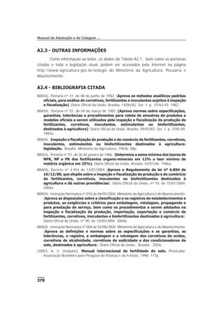 A2.3 - OUTRAS INFORMAÇÕES
Como informação ao leitor, os dados da Tabela A2.1, bem como as portarias
citadas e toda a legislação atual, podem ser acessados pela Internet na página
http://www.agricultura.gov.br/sislegis do Ministério da Agricultura, Pecuária e
Abastecimento.
A2.4 - BIBLIOGRAFIA CITADA
BRASIL. Portaria nº 31, de 08 de junho de 1982. (Aprova os métodos analíticos padrões
oficiais, para análise de corretivos, fertilizantes e inoculantes sujeitos à inspeção
e fiscalização). Diário Oficial da União, Brasília, 14/06/82. Sec. I. p. 10763-93. 1982.
BRASIL. Portaria nº 01, de 04 de março de 1983. (Aprova normas sobre especificações,
garantias, tolerâncias e procedimentos para coleta de amostras de produtos e
modelos oficiais a serem utilizados pela inspeção e fiscalização da produção de
fertilizantes, corretivos, inoculantes, estimulantes ou biofertilizantes,
destinados à agricultura). Diário Oficial da União, Brasília, 09/03/83. Sec. I. p. 3783-89.
1983a.
BRASIL. Inspeção e fiscalização da produção e do comércio de fertilizantes, corretivos,
inoculantes, estimulantes ou biofertilizantes destinados à agricultura:
legislação. Brasília: Ministério da Agricultura, 1983b. 88p.
BRASIL. Portaria nº 01, de 30 de janeiro de 1986. (Determina a soma mínima dos teores de
NPK, NP e PK dos fertilizantes organo-minerais em 12% o teor mínimo de
matéria orgânica em 25%). Diário Oficial da União, Brasília, 03/01/86. 1986a.
BRASIL. Decreto nº 4.954 de 13/01/2004 (Aprova o Regulamento da lei nº 6.894 de
16/12/80, que dispõe sobre a inspeção e fiscalização da produção e do coméricio
de fertilizantes, corretivos, inoculantes ou biofertilizantes destinados à
agricultura e dá outras providências). Diário Oficial da União, nº 10, de 15/01/2004.
2004a.
BRASIL. Instrução Normativa nº010 de 06/05/2004. Ministério da Agricultura e do Abastecimento.
(Aprova as disposições sobre a classificação e os registros de estabelecimentos e
produtos, as exigências e critérios para embalagem, rotulagem, propaganda e
para prestação de serviço, bem como os procedimentos a serem adotados na
inspeção e fiscalização da produção, importação, exportação e comércio de
fertilizantes, corretivos, inoculantes e biofertilizantes destinados à agricultura).
Diário Oficial da União, nº 90, de 12/05/2004. 2004b.
BRASIL. Instrução Normativa nº004 de 02/08/2004. Ministério da Agricultura e do Abastecimento.
(Aprova as definições e normas sobre as especificações e as garantias, as
tolerâncias, o registro, a embalagem e a rotulagem dos corretivos de acidez,
corretivos de alcalinidade, corretivos de sodicidade e dos condicionadores de
solo, destinados à agricultura). Diário Oficial da União, Brasília, 2004c.
LOPES, A. S. (tradutor). Manual internacional de fertilidade do solo. Piracicaba:
Associação Brasilieira para Pesquisa da Potassa e do Fosfato, 1998. 177p.
378
Manual de Adubação e de Calagem ...
 