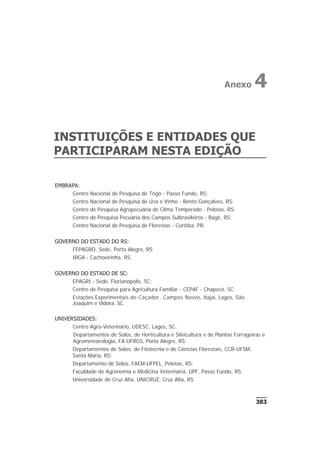 EMBRAPA:
Centro Nacional de Pesquisa de Trigo - Passo Fundo, RS;
Centro Nacional de Pesquisa de Uva e Vinho - Bento Gonçalves, RS;
Centro de Pesquisa Agropecuária de Clima Temperado - Pelotas, RS;
Centro de Pesquisa Pecuária dos Campos Sulbrasileiros - Bagé, RS;
Centro Nacional de Pesquisa de Florestas - Curitiba, PR.
GOVERNO DO ESTADO DO RS:
FEPAGRO, Sede, Porto Alegre, RS
IRGA - Cachoeirinha, RS.
GOVERNO DO ESTADO DE SC:
EPAGRI - Sede, Florianópolis, SC;
Centro de Pesquisa para Agricultura Familiar - CEPAF - Chapecó, SC;
Estações Experimentais de Caçador, Campos Novos, ltajaí, Lages, São
Joaquim e Videira, SC.
UNIVERSIDADES:
Centro Agro-Veterinário, UDESC, Lages, SC;
Departamentos de Solos, de Horticultura e Silvicultura e de Plantas Forrageiras e
Agrometeorologia, FA-UFRGS, Porto Alegre, RS;
Departamentos de Solos, de Fitotecnia e de Ciências Florestais, CCR-UFSM,
Santa Maria, RS;
Departamento de Solos, FAEM-UFPEL, Pelotas, RS;
Faculdade de Agronomia e Medicina Veterinária, UPF, Passo Fundo, RS;
Universidade de Cruz Alta, UNICRUZ, Cruz Alta, RS.
383
INSTITUIÇÕES E ENTIDADES QUE
PARTICIPARAM NESTA EDIÇÃO
Anexo 4
 