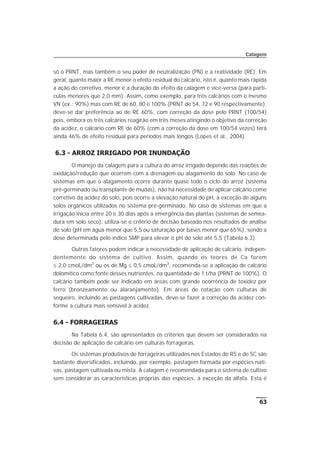 só o PRNT, mas também o seu poder de neutralização (PN) e a reatividade (RE). Em
geral, quanto maior a RE menor o efeito residual do calcário, isto é, quanto mais rápida
a ação do corretivo, menor é a duração do efeito da calagem e vice-versa (para partí-
culas menores que 2,0 mm). Assim, como exemplo, para três calcários com o mesmo
VN (ex.: 90%) mas com RE de 60, 80 e 100% (PRNT de 54, 72 e 90 respectivamente),
deve-se dar preferência ao de RE 60%, com correção da dose pelo PRNT (100/54)
pois, embora os três calcários reagirão em três meses atingindo o objetivo da correção
da acidez, o calcário com RE de 60% (com a correção da dose em 100/54 vezes) terá
ainda 46% de efeito residual para períodos mais longos (Lopes et al., 2004).
6.3 - ARROZ IRRIGADO POR INUNDAÇÃO
O manejo da calagem para a cultura do arroz irrigado depende das reações de
oxidação/redução que ocorrem com a drenagem ou alagamento do solo. No caso de
sistemas em que o alagamento ocorre durante quase todo o ciclo do arroz (sistema
pré-germinado ou transplante de mudas), não há necessidade de aplicar calcário como
corretivo da acidez do solo, pois ocorre a elevação natural do pH, à exceção de alguns
solos orgânicos utilizados no sistema pré-germinado. No caso de sistemas em que a
irrigação inicia entre 20 e 30 dias após a emergência das plantas (sistemas de semea-
dura em solo seco), utiliza-se o critério de decisão baseado nos resultados de análise
do solo (pH em água menor que 5,5 ou saturação por bases menor que 65%), sendo a
dose determinada pelo índice SMP para elevar o pH do solo até 5,5 (Tabela 6.3).
Outros fatores podem indicar a necessidade de aplicação de calcário, indepen-
dentemente do sistema de cultivo. Assim, quando os teores de Ca forem
£ 2,0 cmolc/dm3
ou os de Mg £ 0,5 cmolc/dm3
, recomenda-se a aplicação de calcário
dolomítico como fonte desses nutrientes, na quantidade de 1 t/ha (PRNT de 100%). O
calcário também pode ser indicado em áreas com grande ocorrência de toxidez por
ferro (bronzeamento ou alaranjamento). Em áreas de rotação com culturas de
sequeiro, incluindo as pastagens cultivadas, deve-se fazer a correção da acidez con-
forme a cultura mais sensível à acidez.
6.4 - FORRAGEIRAS
Na Tabela 6.4, são apresentados os critérios que devem ser considerados na
decisão de aplicação de calcário em culturas forrageiras.
Os sistemas produtivos de forrageiras utilizados nos Estados do RS e de SC são
bastante diversificados, incluindo, por exemplo, pastagem formada por espécies nati-
vas, pastagem cultivada ou mista. A calagem é recomendada para o sistema de cultivo
sem considerar as características próprias das espécies, à exceção da alfafa. Esta é
63
Calagem
 