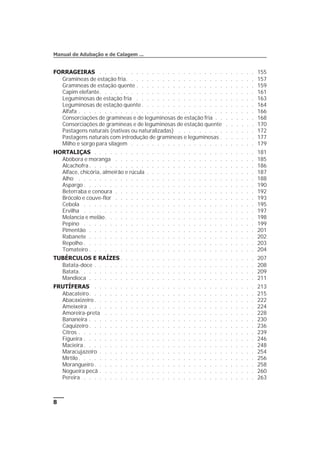 FORRAGEIRAS . . . . . . . . . . . . . . . . . . . . . . . . . . . . . . 155
Gramíneas de estação fria. . . . . . . . . . . . . . . . . . . . . . . . . 157
Gramíneas de estação quente . . . . . . . . . . . . . . . . . . . . . . . 159
Capim elefante. . . . . . . . . . . . . . . . . . . . . . . . . . . . . . 161
Leguminosas de estação fria . . . . . . . . . . . . . . . . . . . . . . . 163
Leguminosas de estação quente . . . . . . . . . . . . . . . . . . . . . . 164
Alfafa . . . . . . . . . . . . . . . . . . . . . . . . . . . . . . . . . . 166
Consorciações de gramíneas e de leguminosas de estação fria . . . . . . . . 168
Consorciações de gramíneas e de leguminosas de estação quente . . . . . . 170
Pastagens naturais (nativas ou naturalizadas) . . . . . . . . . . . . . . . 172
Pastagens naturais com introdução de gramíneas e leguminosas . . . . . . . 177
Milho e sorgo para silagem . . . . . . . . . . . . . . . . . . . . . . . . 179
HORTALIÇAS . . . . . . . . . . . . . . . . . . . . . . . . . . . . . . . 181
Abóbora e moranga . . . . . . . . . . . . . . . . . . . . . . . . . . . 185
Alcachofra. . . . . . . . . . . . . . . . . . . . . . . . . . . . . . . . 186
Alface, chicória, almeirão e rúcula . . . . . . . . . . . . . . . . . . . . . 187
Alho . . . . . . . . . . . . . . . . . . . . . . . . . . . . . . . . . . 188
Aspargo . . . . . . . . . . . . . . . . . . . . . . . . . . . . . . . . . 190
Beterraba e cenoura . . . . . . . . . . . . . . . . . . . . . . . . . . . 192
Brócolo e couve-flor . . . . . . . . . . . . . . . . . . . . . . . . . . . 193
Cebola . . . . . . . . . . . . . . . . . . . . . . . . . . . . . . . . . 195
Ervilha . . . . . . . . . . . . . . . . . . . . . . . . . . . . . . . . . 197
Melancia e melão. . . . . . . . . . . . . . . . . . . . . . . . . . . . . 198
Pepino . . . . . . . . . . . . . . . . . . . . . . . . . . . . . . . . . 199
Pimentão . . . . . . . . . . . . . . . . . . . . . . . . . . . . . . . . 201
Rabanete . . . . . . . . . . . . . . . . . . . . . . . . . . . . . . . . 202
Repolho . . . . . . . . . . . . . . . . . . . . . . . . . . . . . . . . . 203
Tomateiro . . . . . . . . . . . . . . . . . . . . . . . . . . . . . . . . 204
TUBÉRCULOS E RAÍZES . . . . . . . . . . . . . . . . . . . . . . . . . . 207
Batata-doce . . . . . . . . . . . . . . . . . . . . . . . . . . . . . . . 208
Batata. . . . . . . . . . . . . . . . . . . . . . . . . . . . . . . . . . 209
Mandioca . . . . . . . . . . . . . . . . . . . . . . . . . . . . . . . . 211
FRUTÍFERAS . . . . . . . . . . . . . . . . . . . . . . . . . . . . . . . 213
Abacateiro. . . . . . . . . . . . . . . . . . . . . . . . . . . . . . . . 215
Abacaxizeiro . . . . . . . . . . . . . . . . . . . . . . . . . . . . . . . 222
Ameixeira . . . . . . . . . . . . . . . . . . . . . . . . . . . . . . . . 224
Amoreira-preta . . . . . . . . . . . . . . . . . . . . . . . . . . . . . 228
Bananeira . . . . . . . . . . . . . . . . . . . . . . . . . . . . . . . . 230
Caquizeiro . . . . . . . . . . . . . . . . . . . . . . . . . . . . . . . . 236
Citros . . . . . . . . . . . . . . . . . . . . . . . . . . . . . . . . . . 239
Figueira . . . . . . . . . . . . . . . . . . . . . . . . . . . . . . . . . 246
Macieira . . . . . . . . . . . . . . . . . . . . . . . . . . . . . . . . . 248
Maracujazeiro . . . . . . . . . . . . . . . . . . . . . . . . . . . . . . 254
Mirtilo . . . . . . . . . . . . . . . . . . . . . . . . . . . . . . . . . . 256
Morangueiro. . . . . . . . . . . . . . . . . . . . . . . . . . . . . . . 258
Nogueira pecã . . . . . . . . . . . . . . . . . . . . . . . . . . . . . . 260
Pereira . . . . . . . . . . . . . . . . . . . . . . . . . . . . . . . . . 263
8
Manual de Adubação e de Calagem ...
 