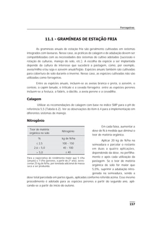 11.1 - GRAMÍNEAS DE ESTAÇÃO FRIA
As gramíneas anuais de estação fria são geralmente cultivadas em sistemas
integrados com lavouras. Nesse caso, as práticas de calagem e de adubação devem ser
compatibilizadas com as necessidades dos sistemas de cultivo adotados (sucessão e
rotação de culturas, manejo do solo, etc.). A escolha da espécie a ser implantada
depende da cultura de interesse que sucederá a pastagem, como, por exemplo,
aveia/milho e/ou soja e azevém anual/feijão. Espécies anuais também são cultivadas
para cobertura de solo durante o inverno. Nesse caso, as espécies cultivadas não são
utilizadas como forrageiras.
Entre as espécies anuais, incluem-se as aveias branca e preta, o azevém, o
centeio, o capim lanudo, o triticale e a cevada forrageira; entre as espécies perenes
incluem-se a festuca, a faláris, o dáctilo, a aveia perene e a cevadilha.
Calagem
Utilizar as recomendações de calagem com base no índice SMP para o pH de
referência 5,5 (Tabela 6.2). Ver as observações do item 6.4 para a implementação em
diferentes sistemas de manejo.
Nitrogênio
Em cada faixa, aumentar a
dose de N à medida que diminui o
teor de matéria orgânica.
Aplicar 20 kg de N/ha na
semeadura e parcelar o restante
em duas a quatro aplicações,
dependendo da dose, no perfilha-
mento e após cada utilização da
pastagem. Se o teor de matéria
orgânica do solo for maior que
5,0%, suprimir a adubação nitro-
genada na semeadura, sendo a
dose total parcelada em partes iguais, aplicadas conforme referido acima. Esse mesmo
procedimento é adotado para as espécies perenes a partir do segundo ano, apli-
cando-se a partir do início do outono.
157
Forrageiras
Teor de matéria
orgânica no solo
Nitrogênio
% kg de N/ha
£ 2,5 100 - 150
2,6 – 5,0 40 - 100
> 5,0 £ 40
Para a expectativa de rendimento maior que 5 t/ha
(anuais) e 7 t/ha (perenes, a partir do 2º ano), acres-
centar 25 kg de N/ha, por tonelada adicional de massa
seca a ser produzida.
 