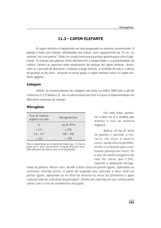 161
Forrageiras
11.3 - CAPIM ELEFANTE
O capim elefante é implantado em solo preparado no sistema convencional. O
plantio é feito com colmos, distribuídos nos sulcos, com espaçamento de 70 cm, no
sistema "pé com ponta". Pode ser usado tanto para pastejo quanto para corte (capi-
neira). O manejo das plantas afeta diretamente a longevidade e a produtividade da
cultura. Dentre os aspectos mais importantes do manejo do capim elefante, desta-
cam-se o período de descanso, a lotação (carga animal), a umidade do solo e a altura
de pastejo ou de corte. Incluem-se neste grupo o capim elefante anão e o capim ele-
fante gigante.
Calagem
Utilizar as recomendações de calagem com base no índice SMP para o pH de
referência 5,5 (Tabela 6.2). Ver as observações do item 6.4 para a implementação em
diferentes sistemas de manejo.
Nitrogênio
Em cada faixa, aumen-
tar a dose de N à medida que
diminui o teor de matéria
orgânica.
Aplicar 20 kg de N/ha
no plantio e parcelar o res-
t a n t e e m d u a s a q u a t r o
vezes, sendo uma no perfilha-
mento e as demais após a uti-
lização (pastejo ou corte). Se
o teor da matéria orgânica do
solo for maior que 5,0%,
suprimir a adubação nitroge-
nada no plantio. Nesse caso, dividir a dose total em partes iguais, aplicando-as
conforme referido acima. A partir do segundo ano, parcelar a dose total em
partes iguais, aplicando-as no final do inverno ou início da primavera e após
cada período de utilização da pastagem. Dentro de cada tipo de uso, a dose pode
variar com o teto de rendimento desejado.
Teor de matéria
orgânica no solo
Nitrogênio/ano
% kg de N/ha
£ 2,5 ³ 200
2,6 - 5,0 100 - 200
> 5,0 < 100
Para a expectativa de rendimento maior que 12 t/ha (a
partir do 2º ano), acrescentar 10 kg de N/ha por tone-
lada adicional de massa seca a ser produzida.
 